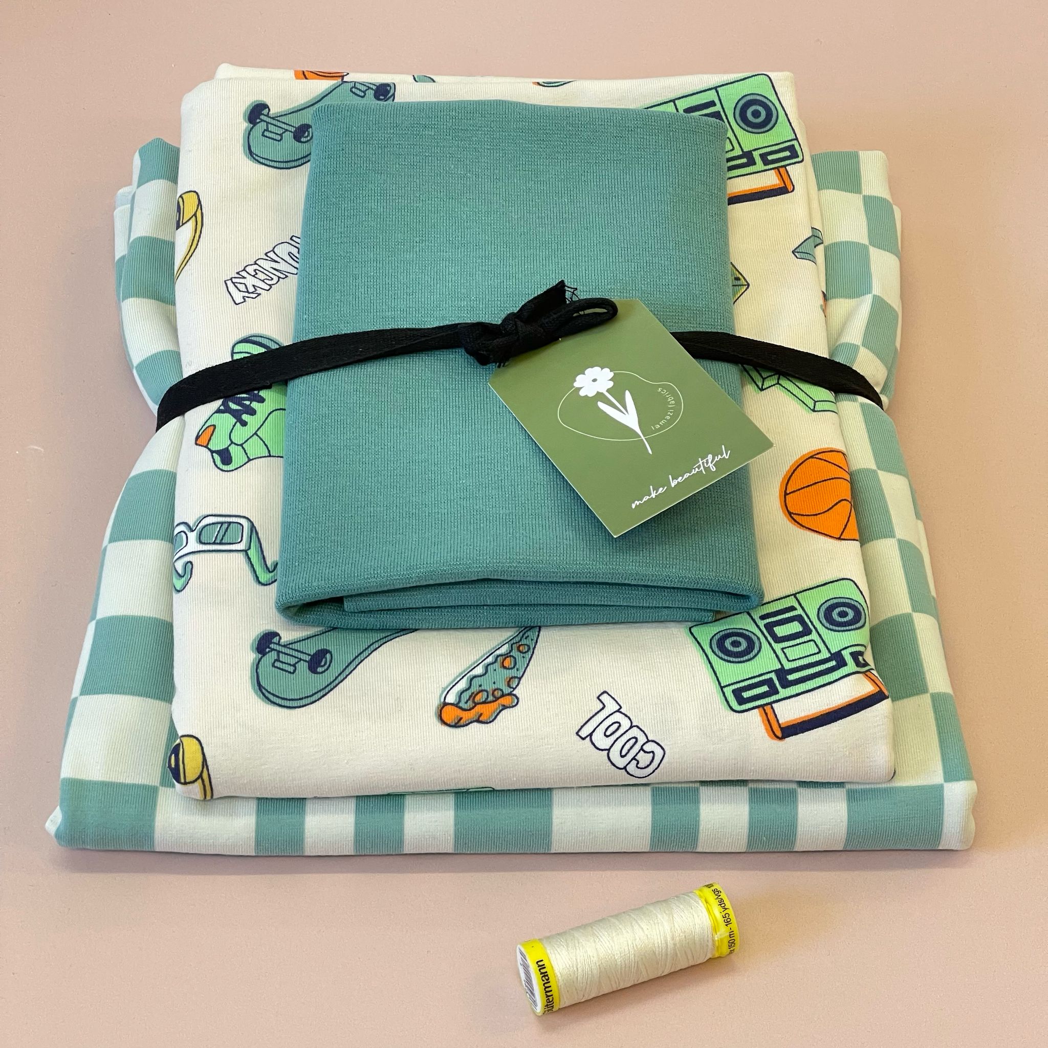 Checkers in Mint and White Cotton Jersey Fabric