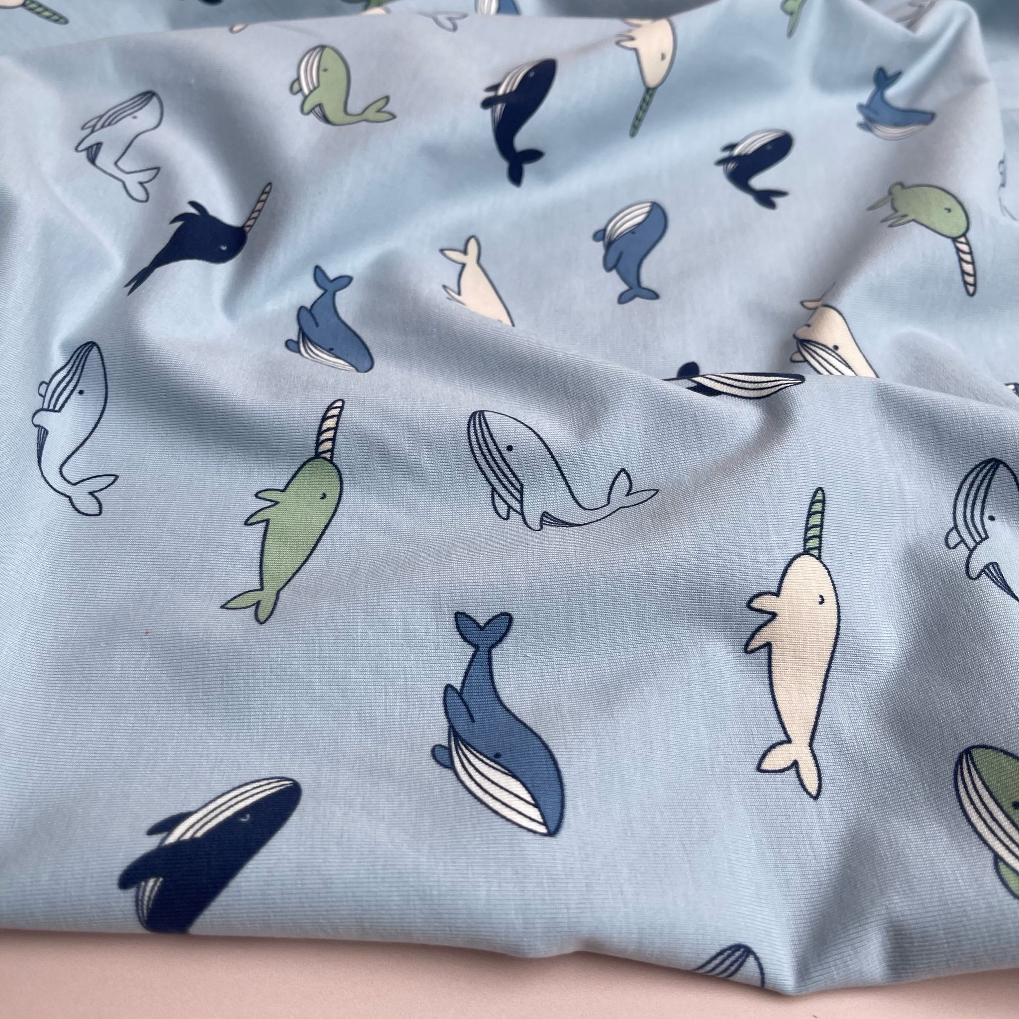 Light Blue Whales Cotton Jersey Fabric