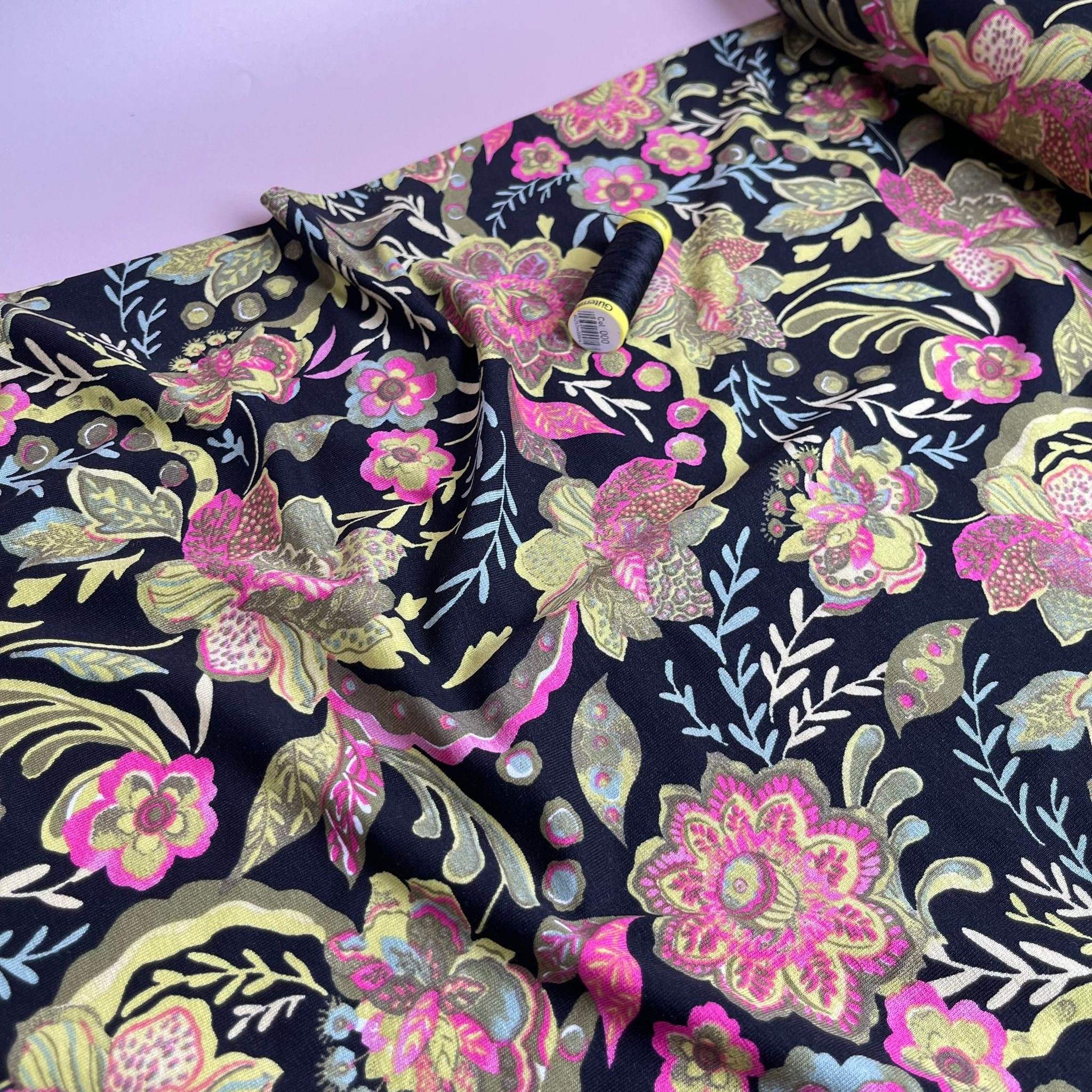 REMNANT 0.61 Metre - Ornate Flower in Lime and Pink De Luxe Viscose Jersey Fabric