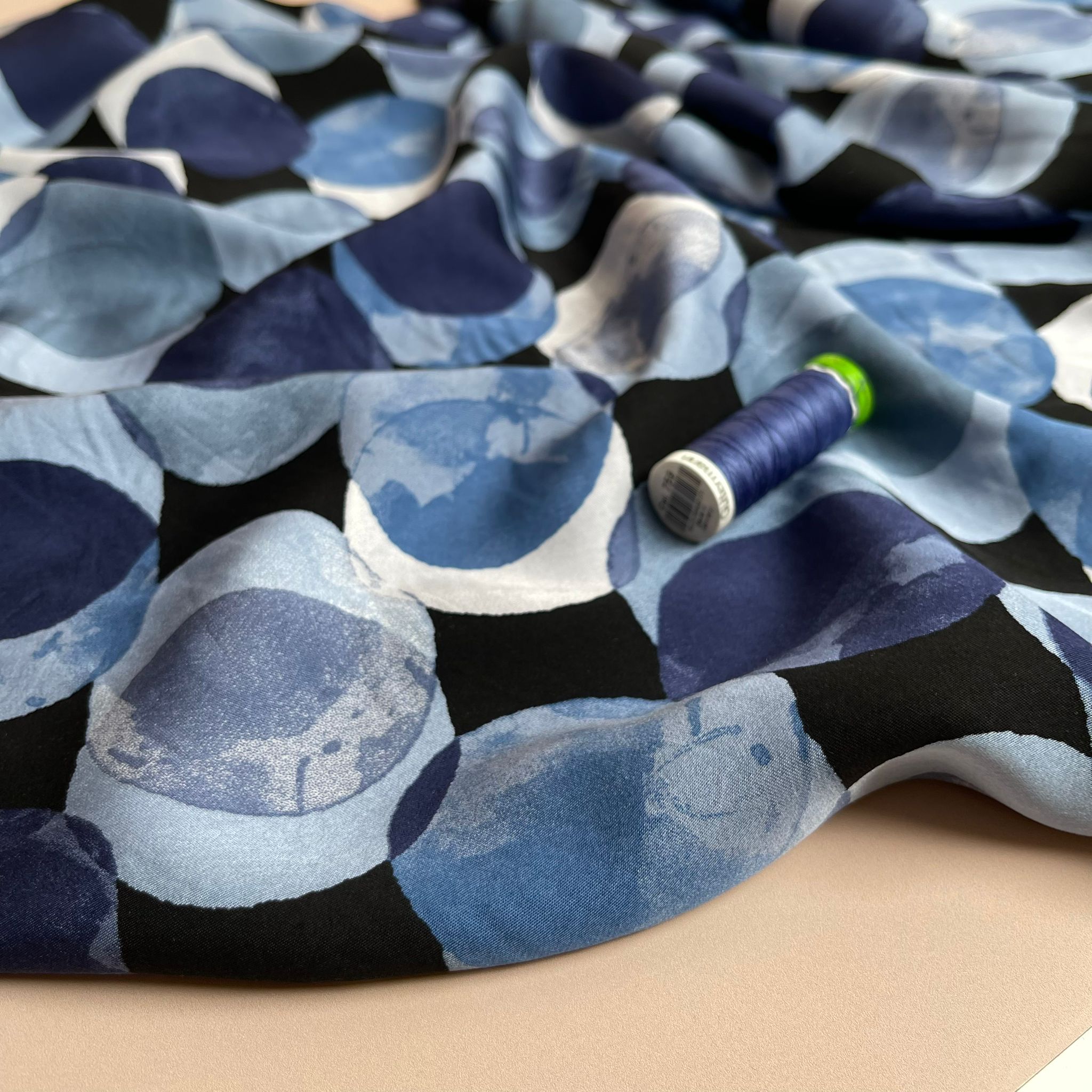 Watercolour Dots in Blue Viscose Sateen Fabric