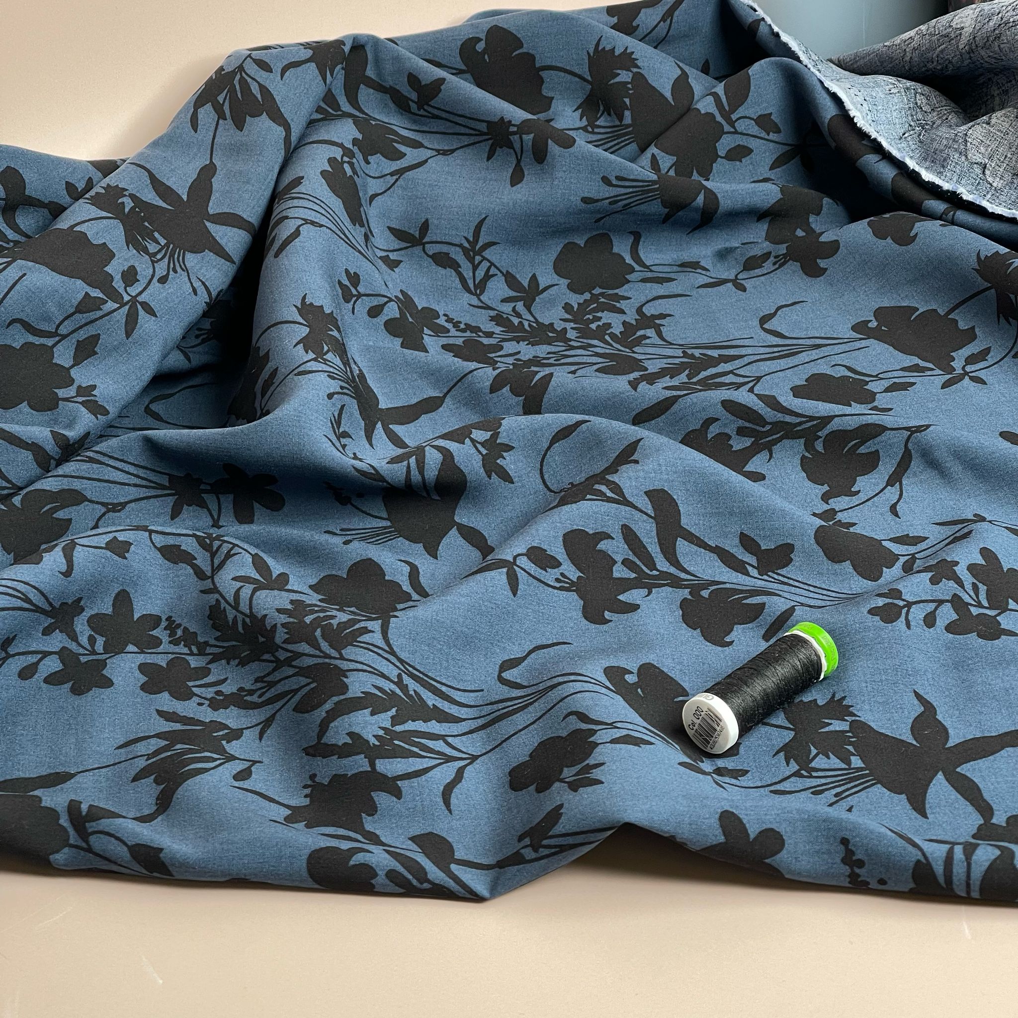 REMNANT 0.8 metres (some washable marks) Floral Shadows on Midnight Blue Viscose Fabric