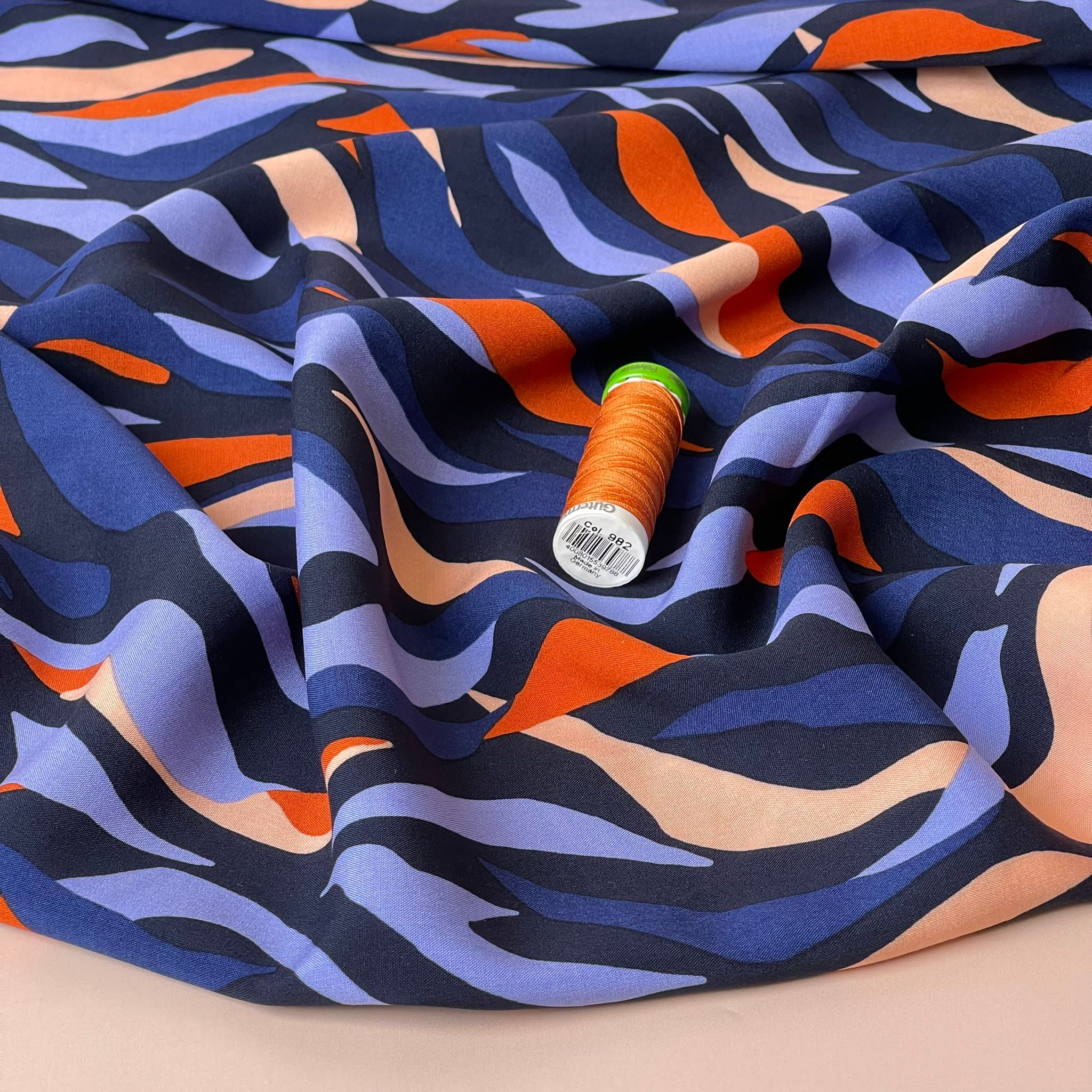 Abstract Waves Navy LENZING™ ECOVERO™ Viscose Fabric