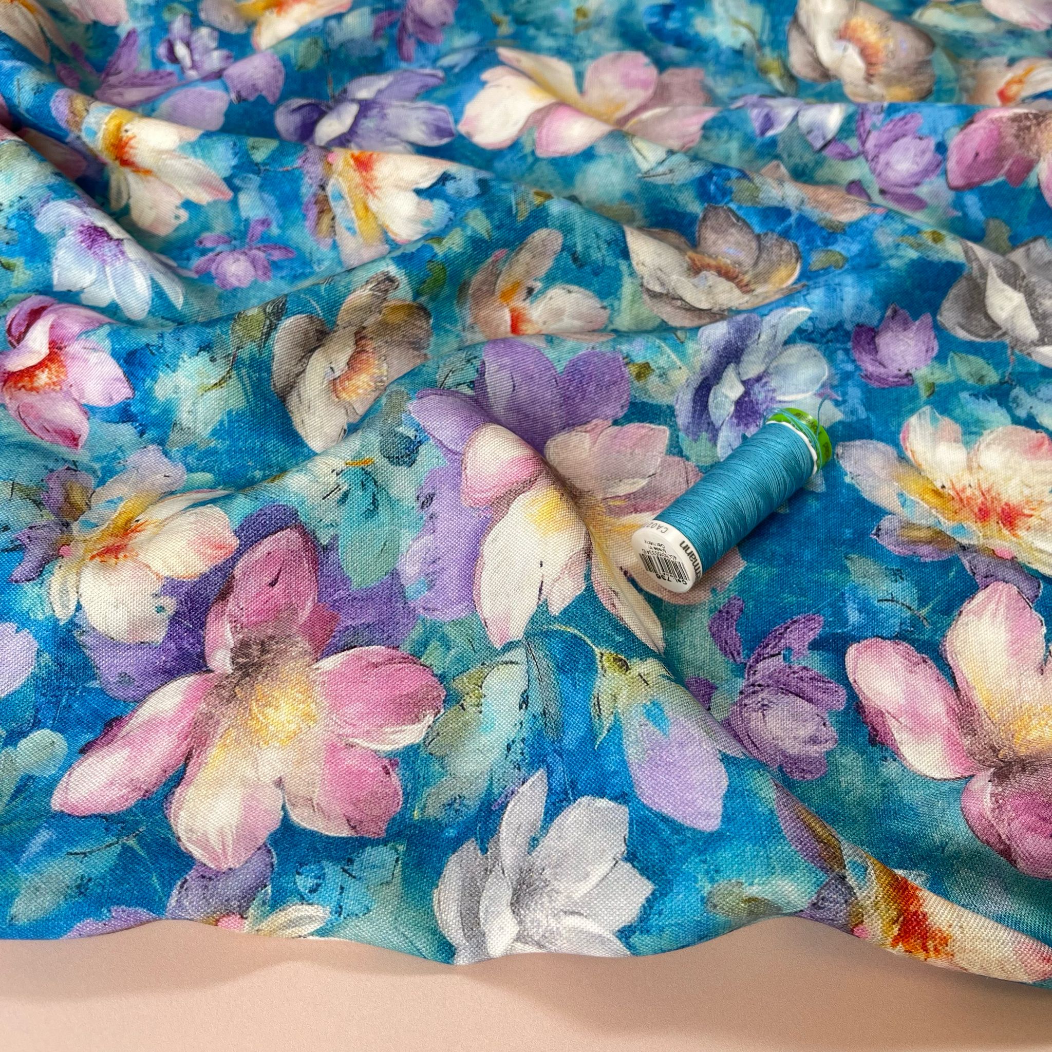 Painted Turquoise Flowers Viscose Linen Fabric