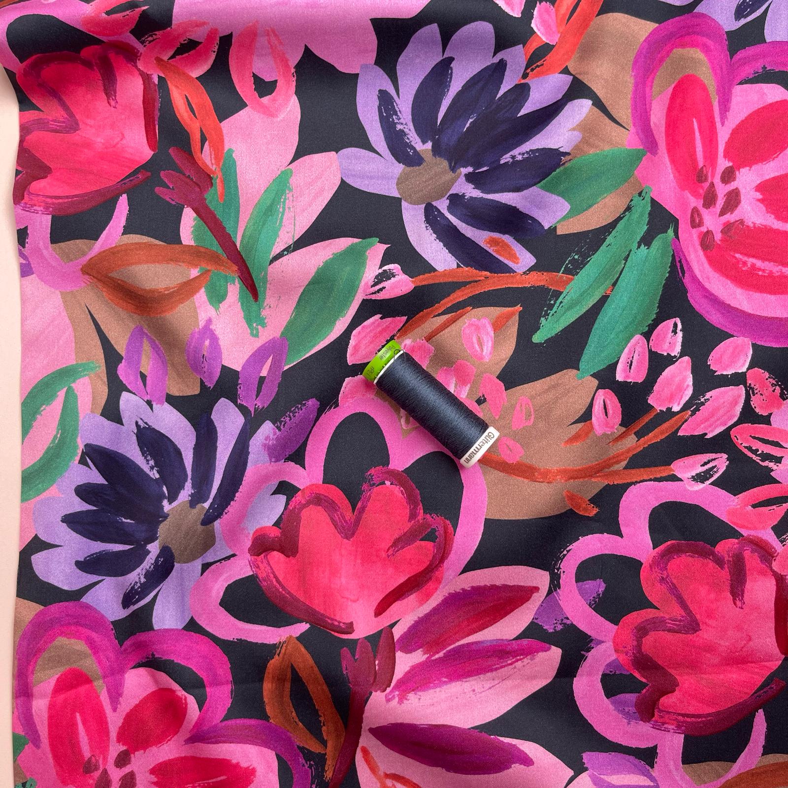 Painted Spring Garden on Dark Navy Cotton Sateen Fabric
