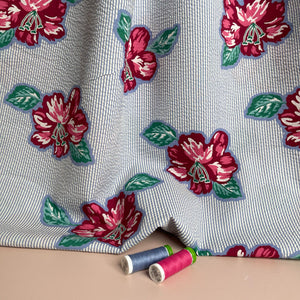 REMNANT 2.08 Metres - Ex-Designer Deadstock Floral Stripes Cotton Seersucker Fabric