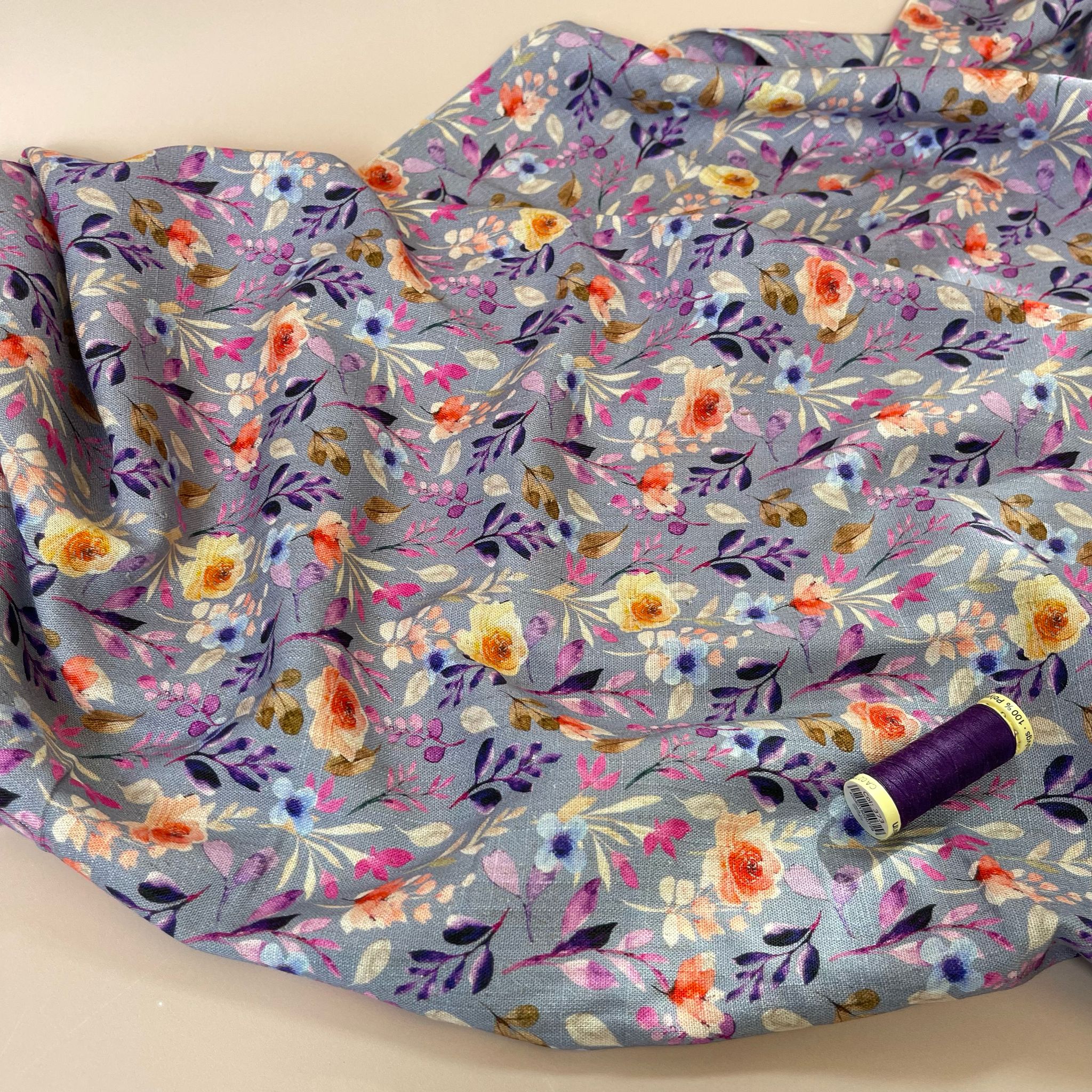 Purple Foliage on Lilac Viscose Linen Fabric