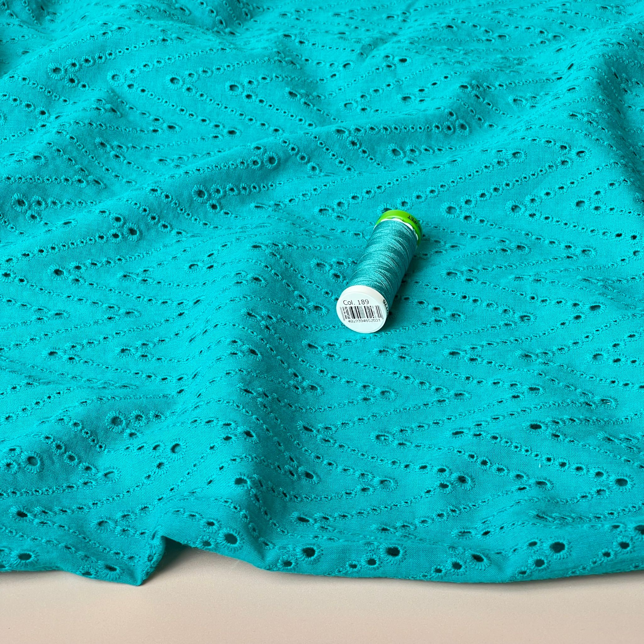 Embroidered Zig-Zags on Turquoise Cotton Broderie Anglaise Fabric