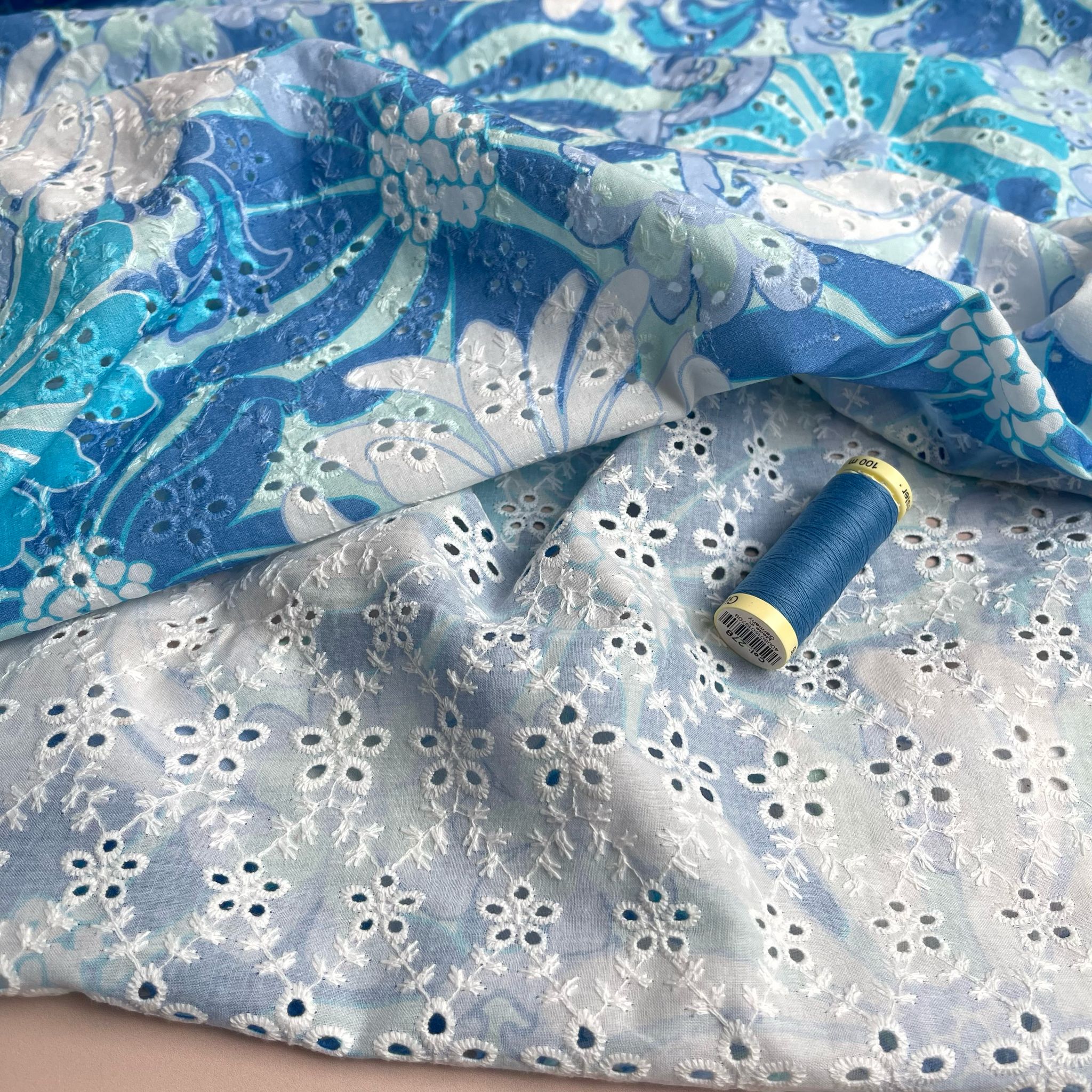 Aqua Flowers Cotton Broderie Anglaise