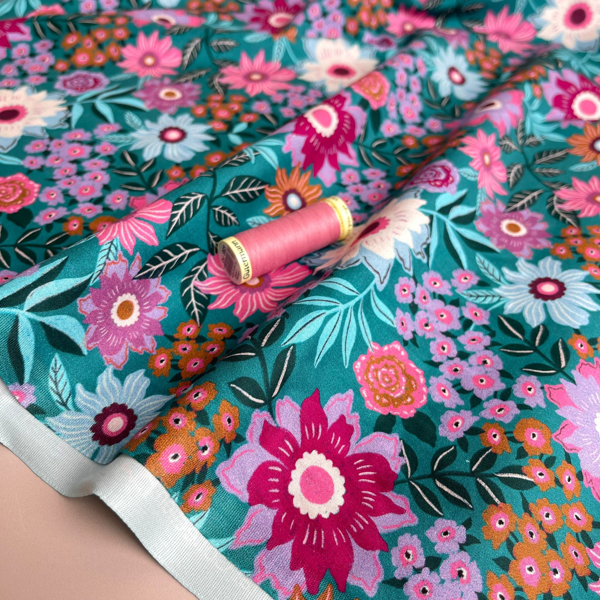 REMNANT 2.12 Metres - Flowers on Teal Cotton Poplin Fabric