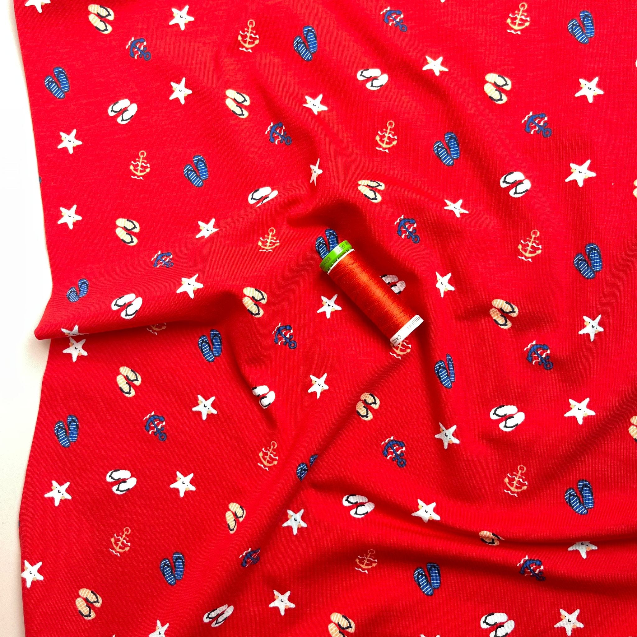REMNANT 1.75 Metres - At The Beach Red Cotton Jersey Fabric