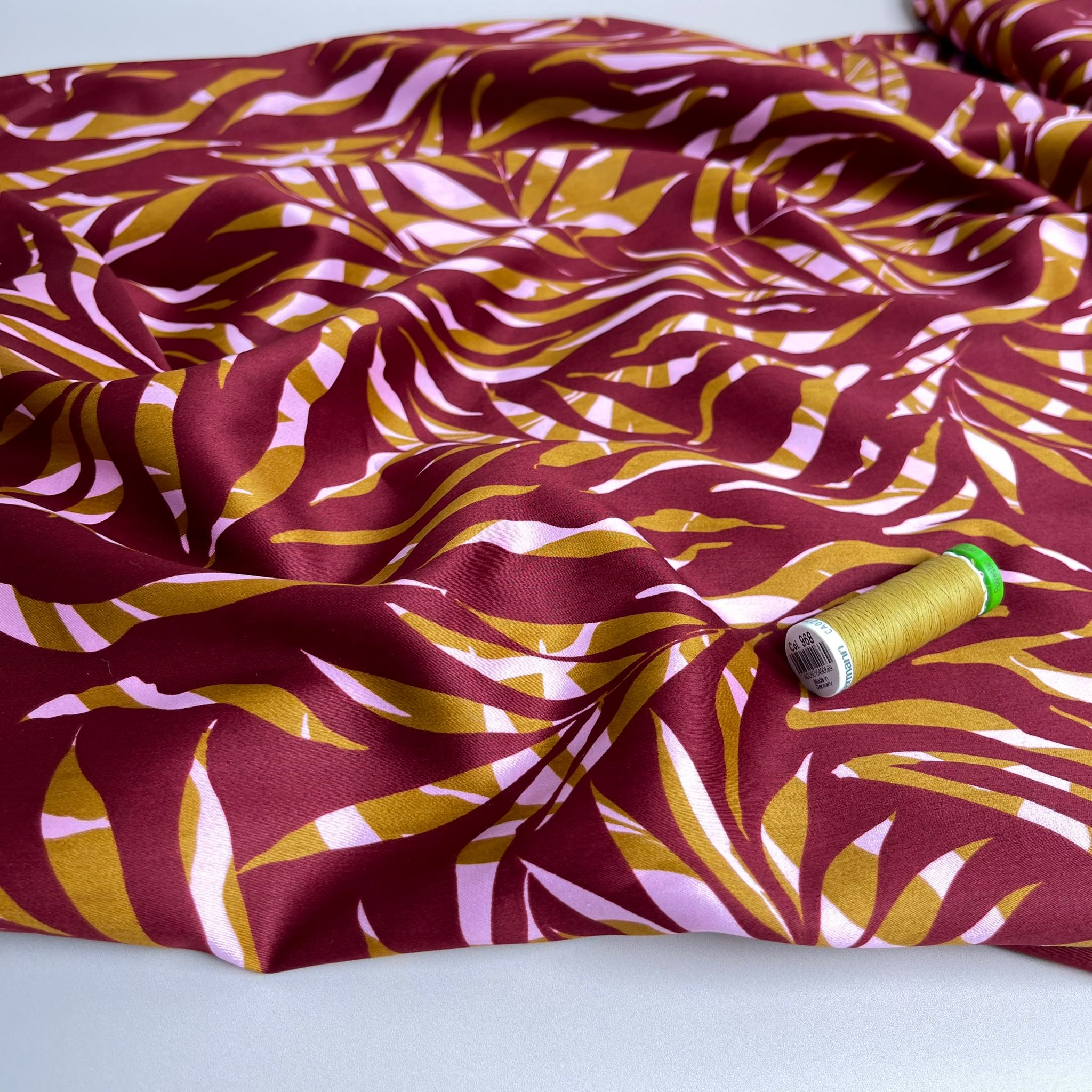 REMNANT 2.06 Metres - Shaded Foliage in Burgundy Cotton Sateen Fabric