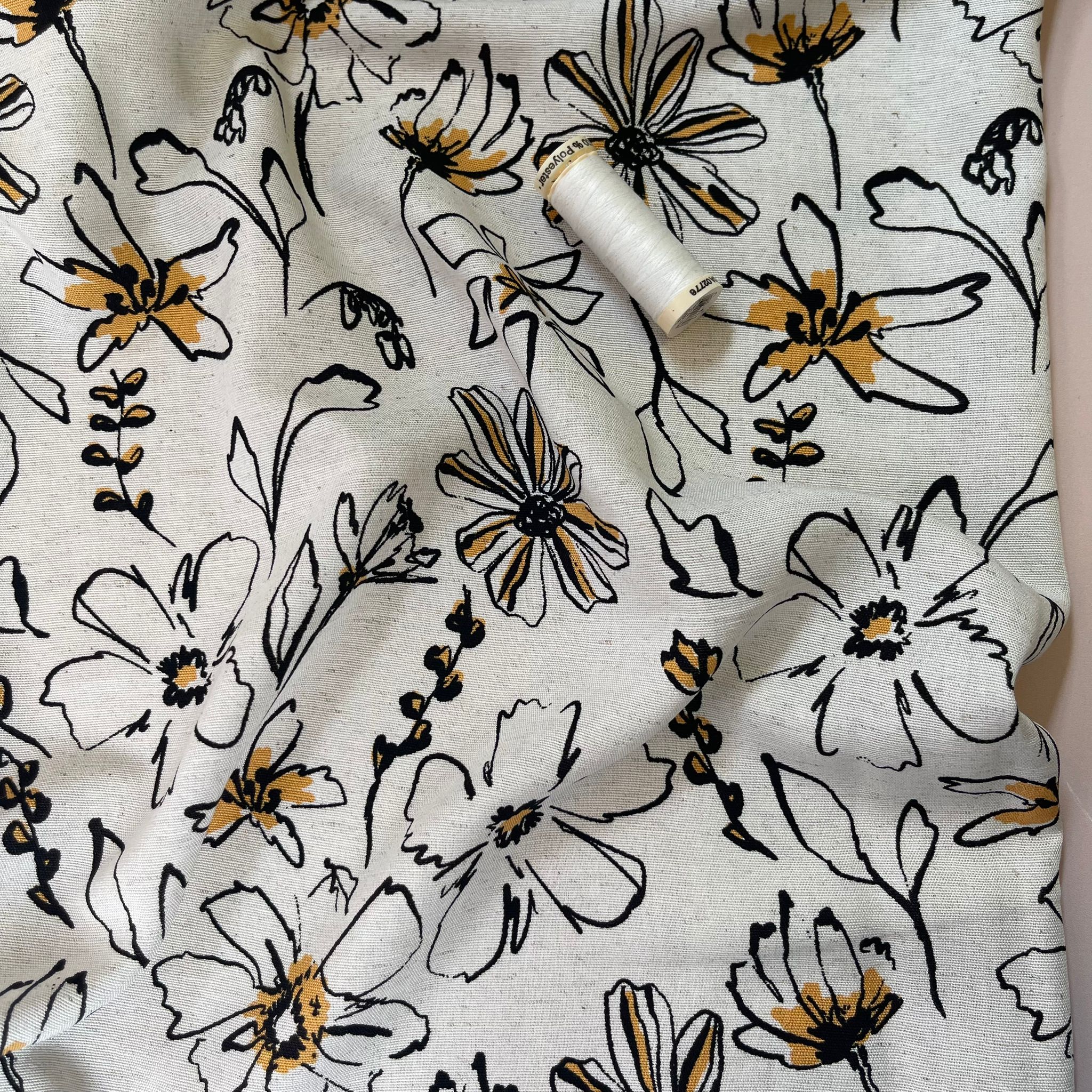 REMNANT 1.56 Metres - Sketched Flowers Yellow Viscose Linen Fabric