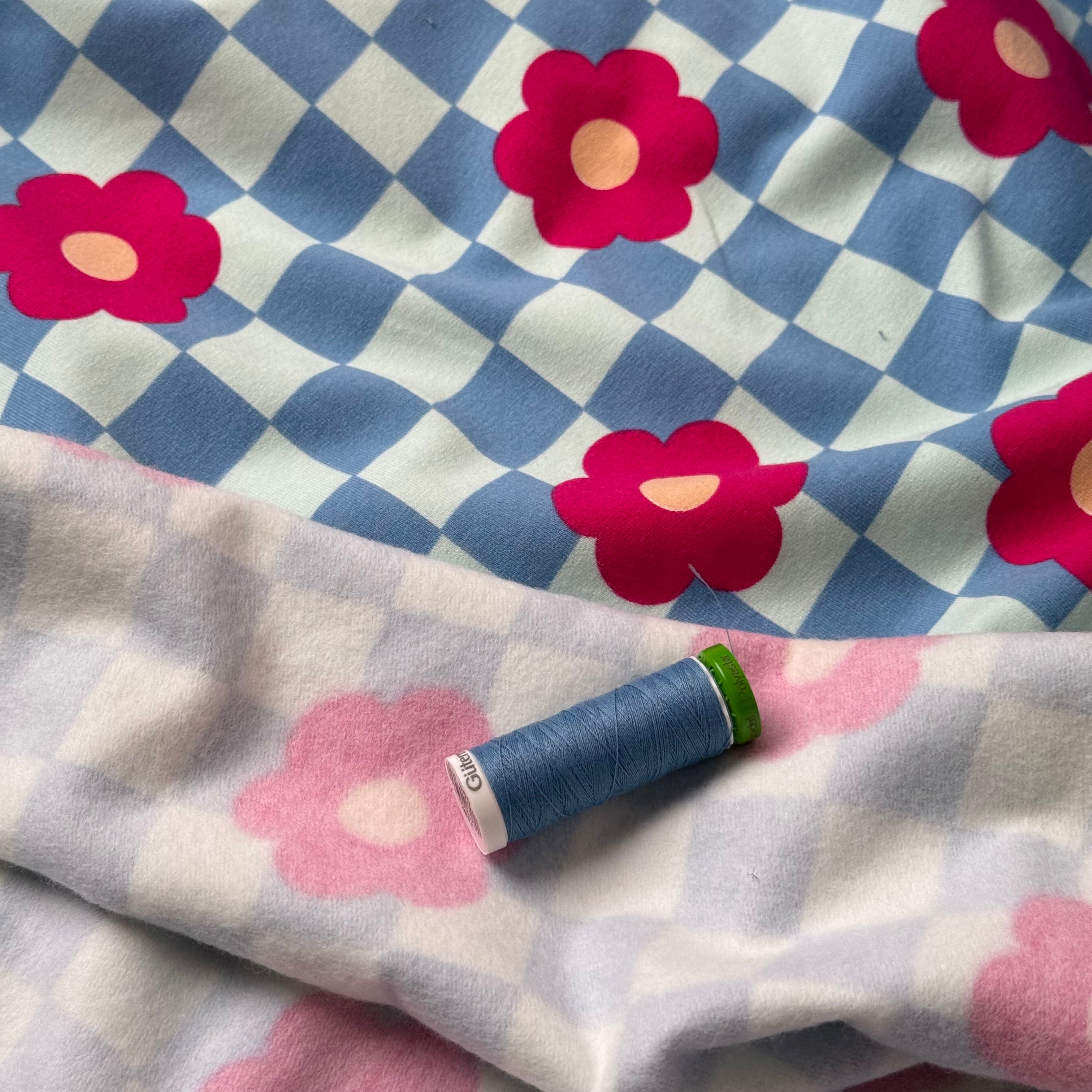 Gingham Flowers Blue Soft Cotton Sweat-shirting Fabric