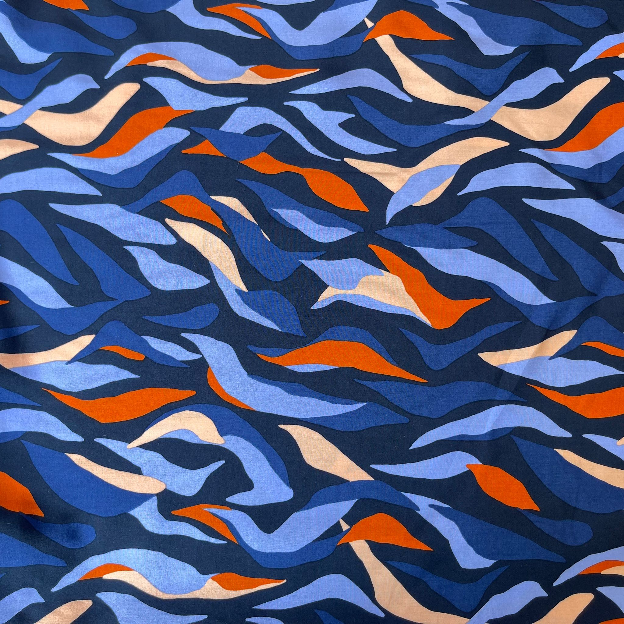 Abstract Waves Navy LENZING™ ECOVERO™ Viscose Fabric