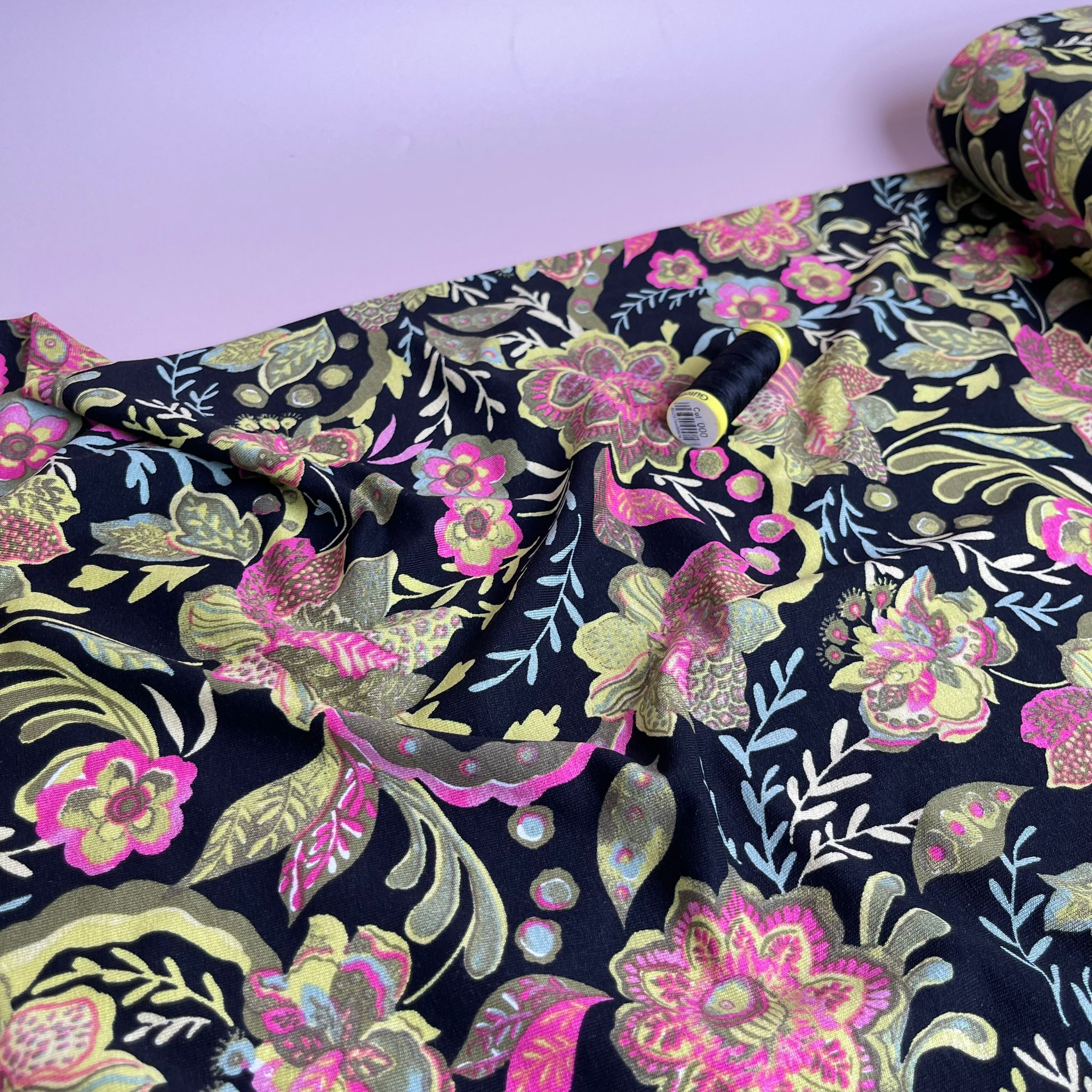 REMNANT 0.61 Metre - Ornate Flower in Lime and Pink De Luxe Viscose Jersey Fabric