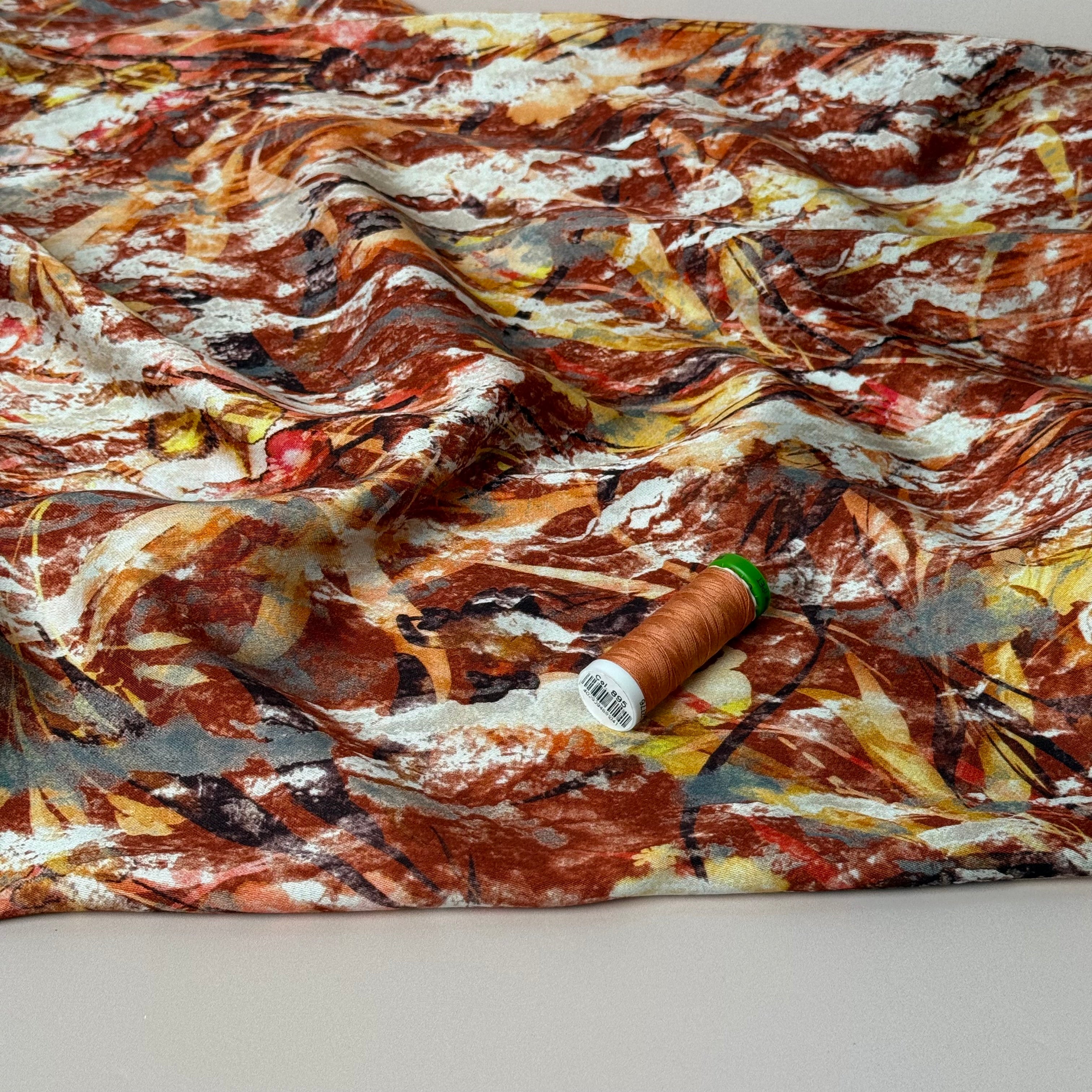 Autumn Foliage Terracotta Viscose Sateen Fabric