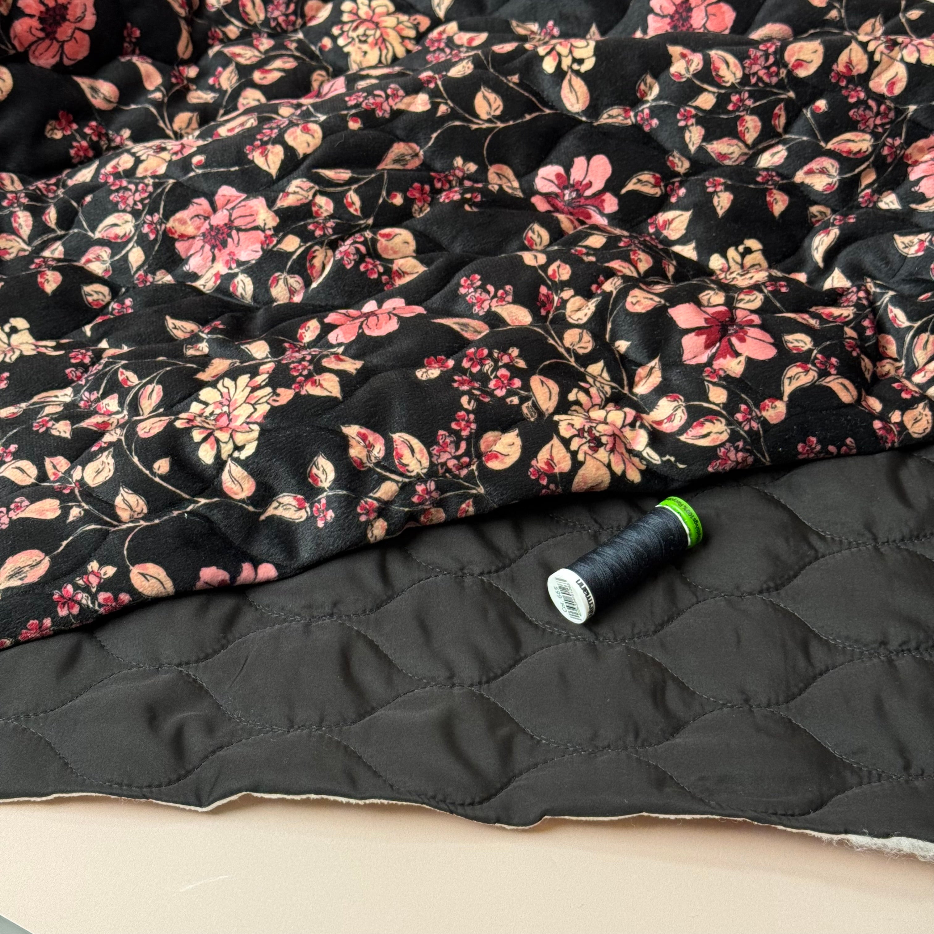 Autumn Flowers on Black Quilted Velvet Fabric