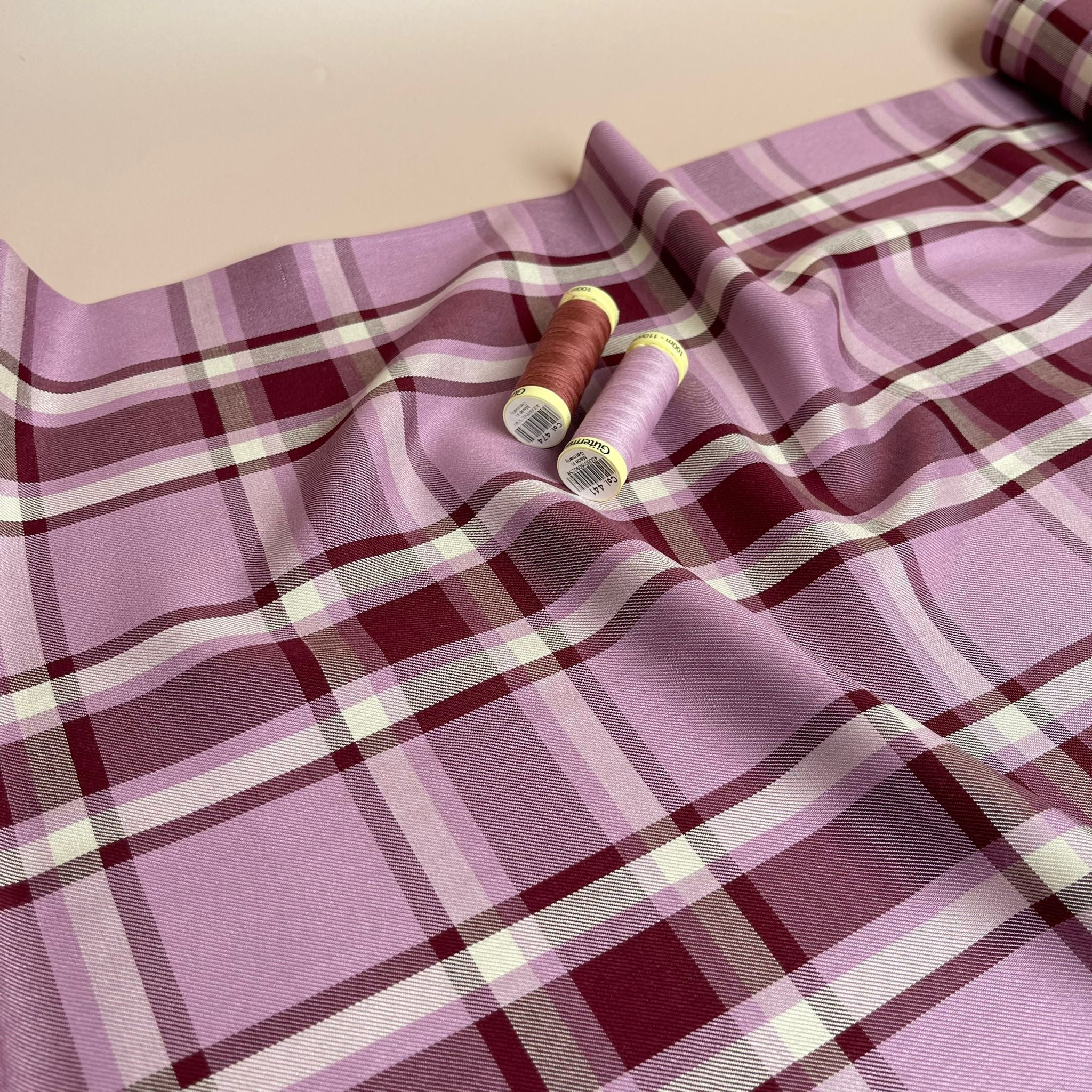 Yarn Dyed Mauve Check Viscose Twill Fabric