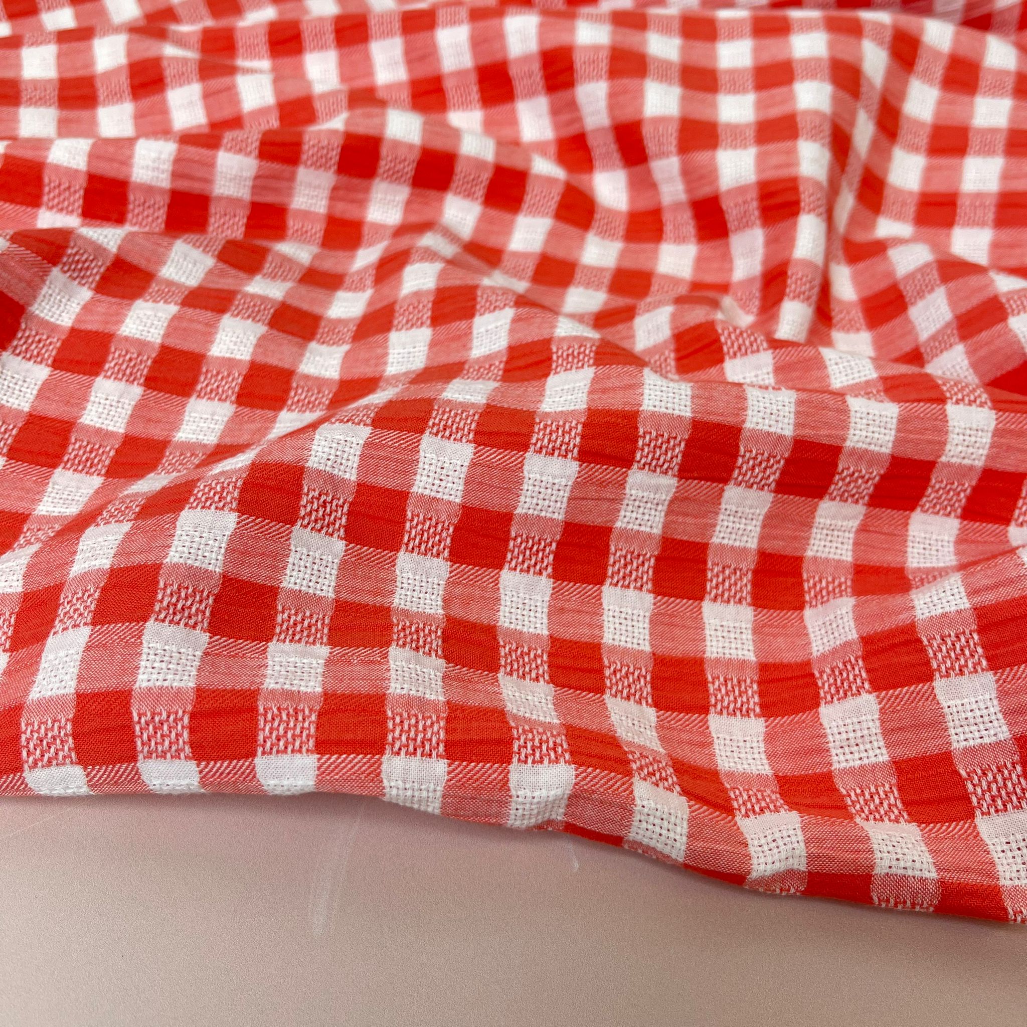 Coral Reef Gingham Cotton Seersucker Fabric