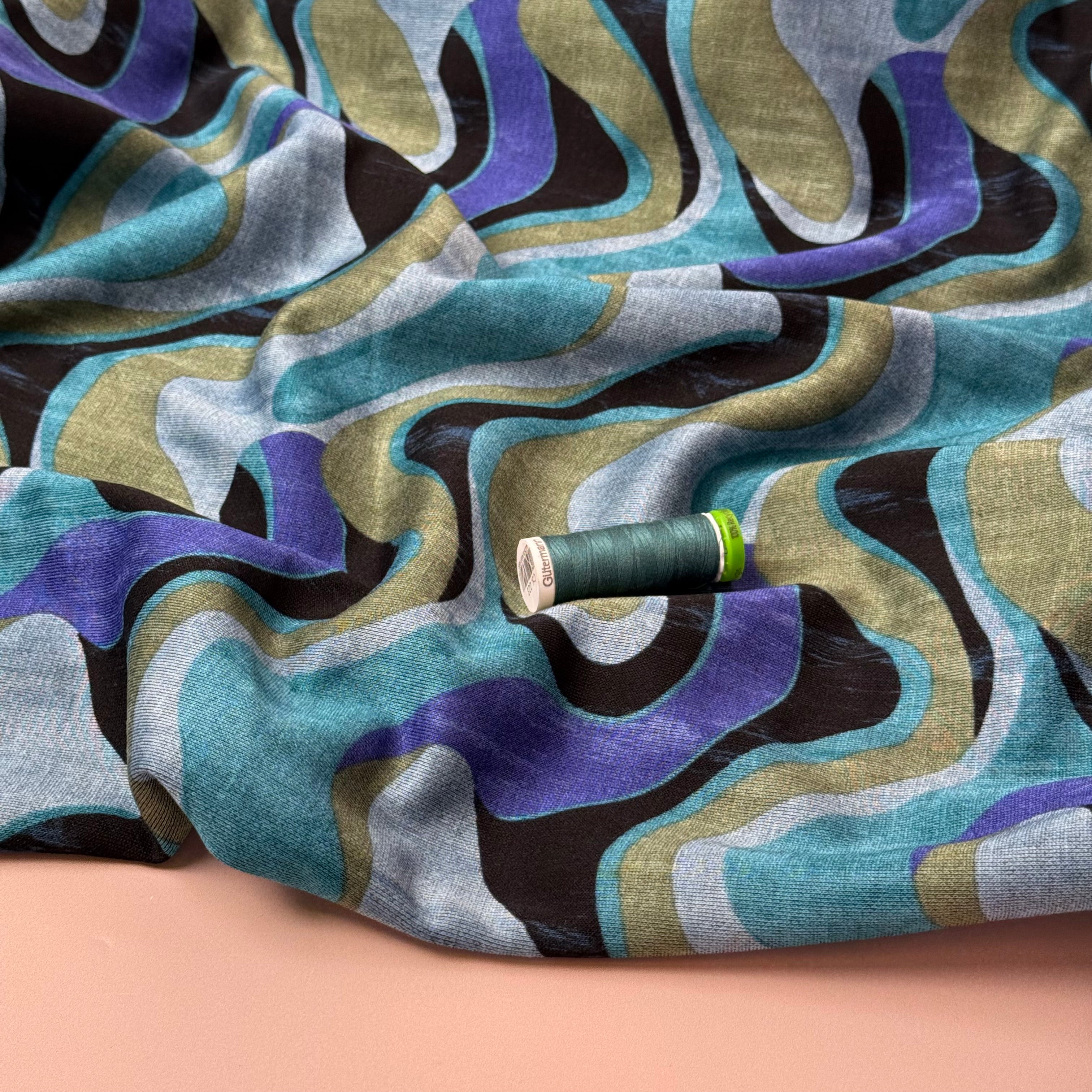 Waves in Teal Soft Ponte Interlock Jersey Fabric