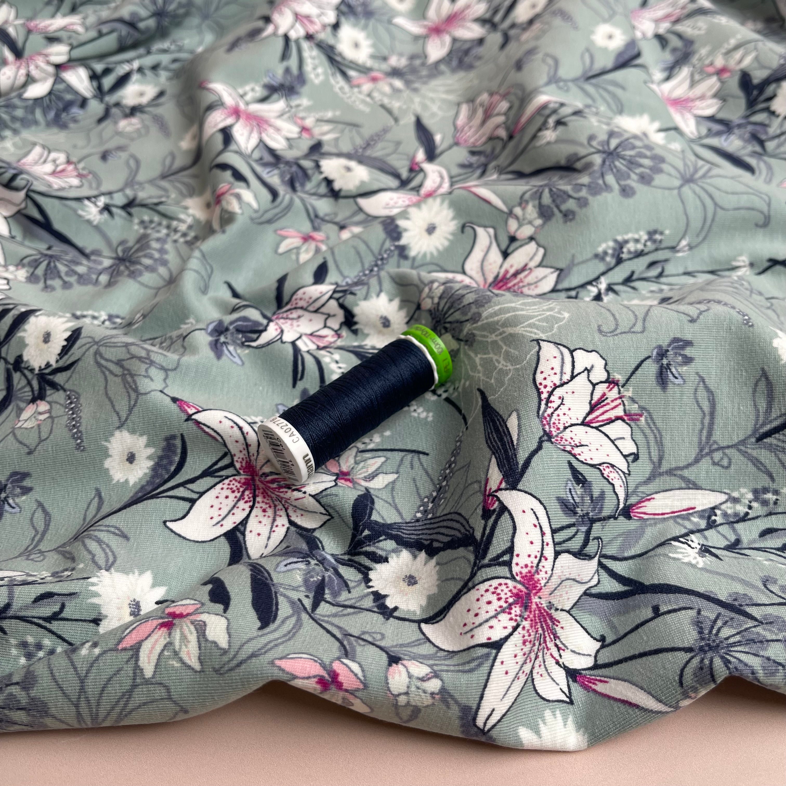 REMNANT 0.24 Metre - Lilies on Sage Green Cotton Jersey Fabric