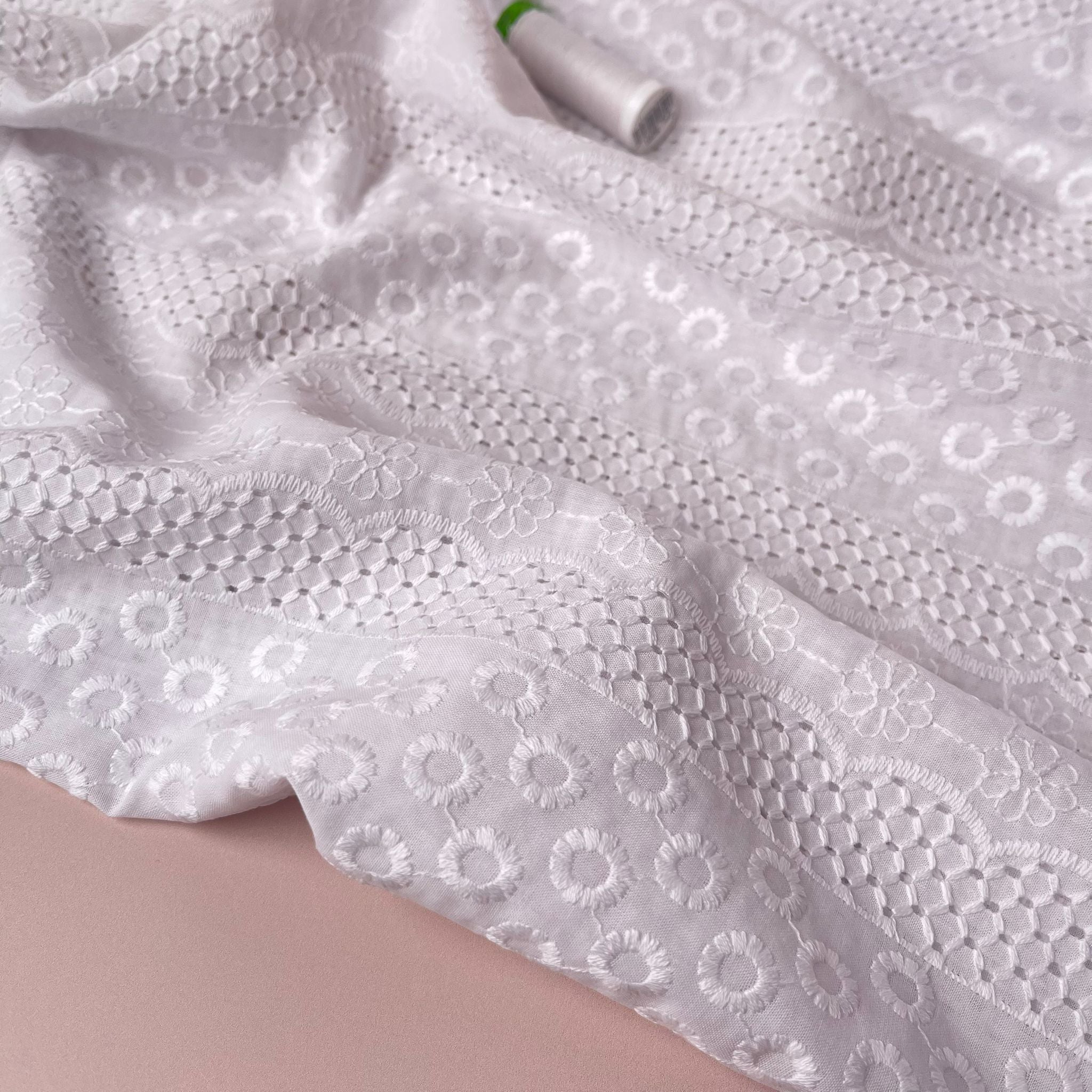 Embroidered White Stripes Cotton Broderie Anglaise Fabric