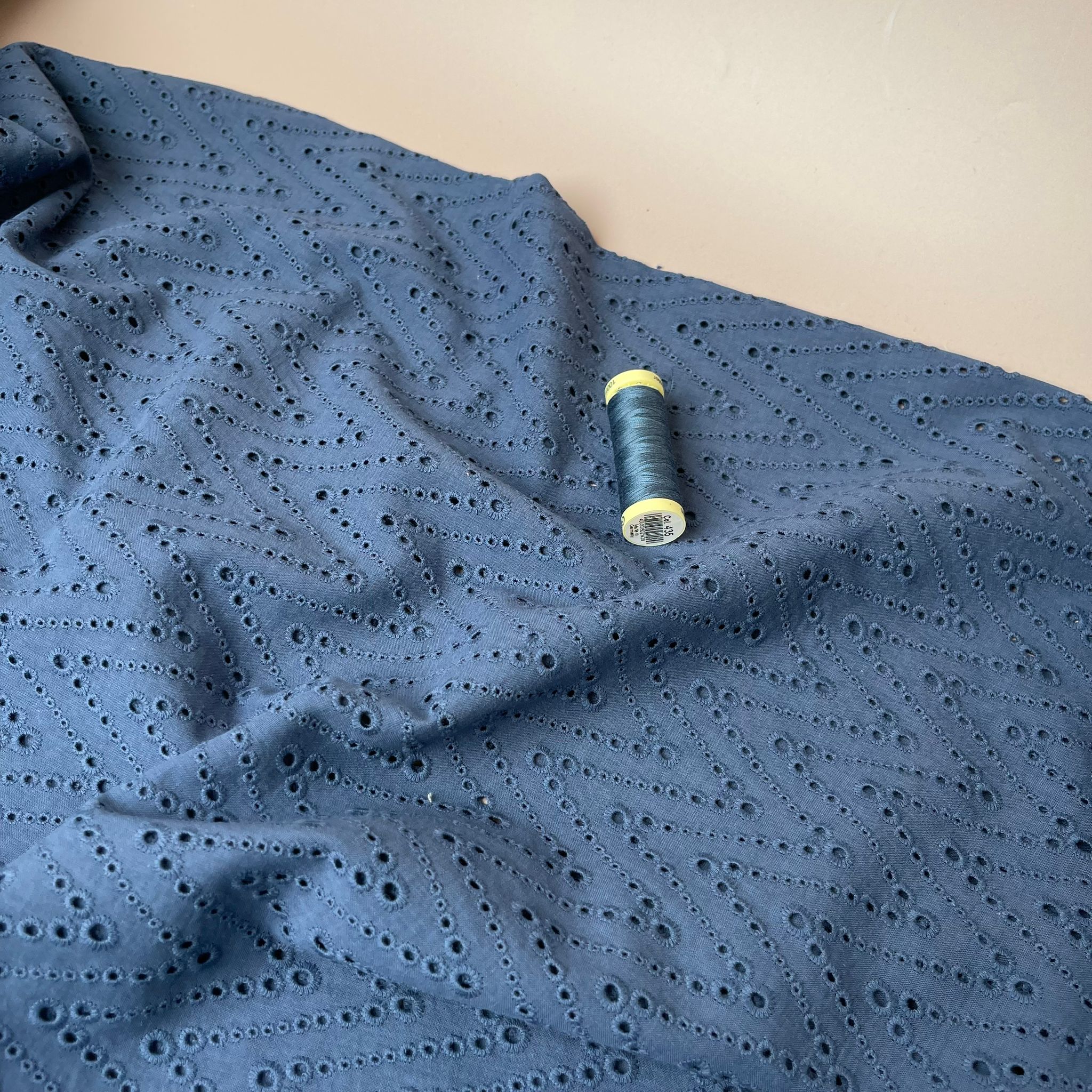 Embroidered Zig-Zags on Denim Navy Cotton Broderie Anglaise Fabric