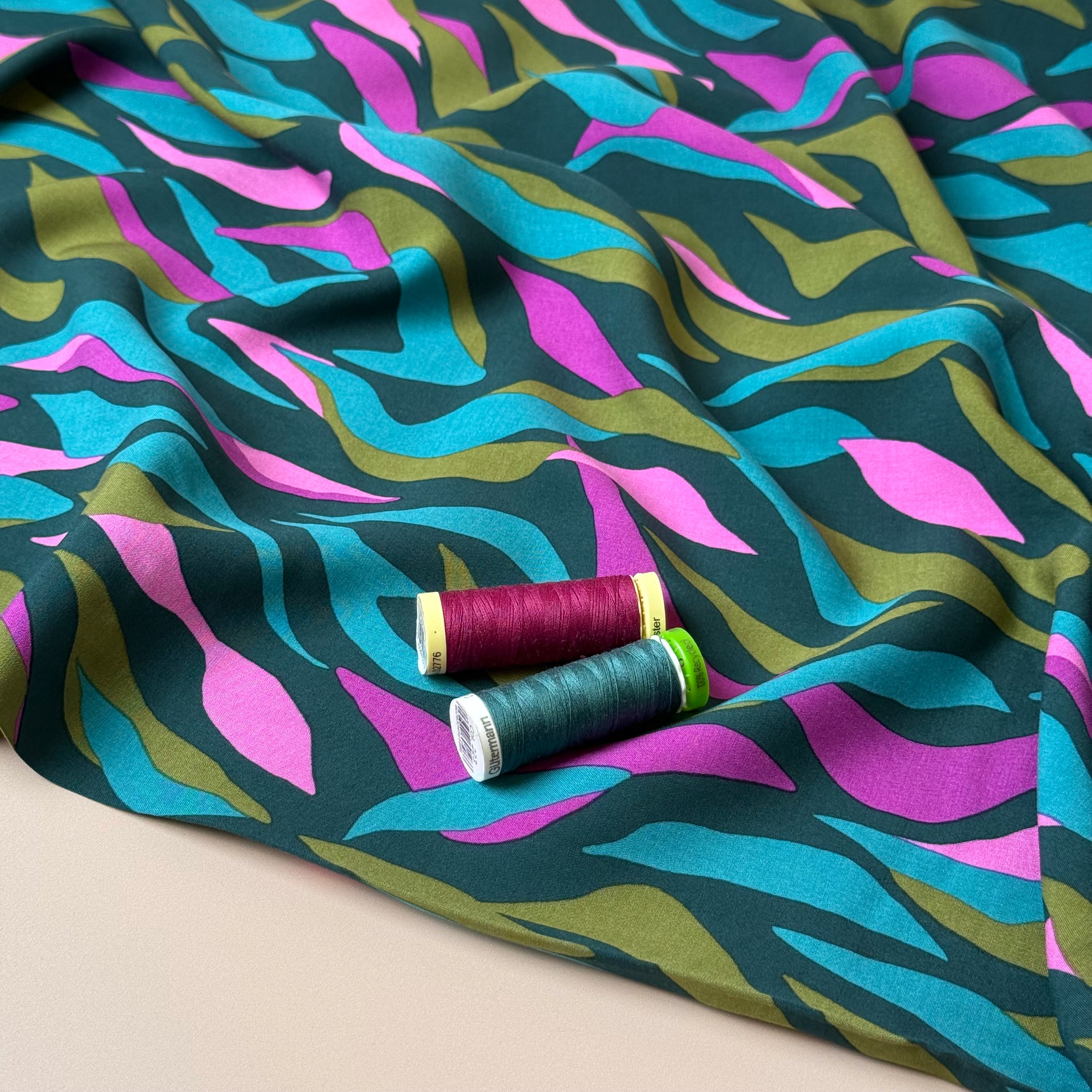 Abstract Waves Teal LENZING™ ECOVERO™ Viscose Fabric