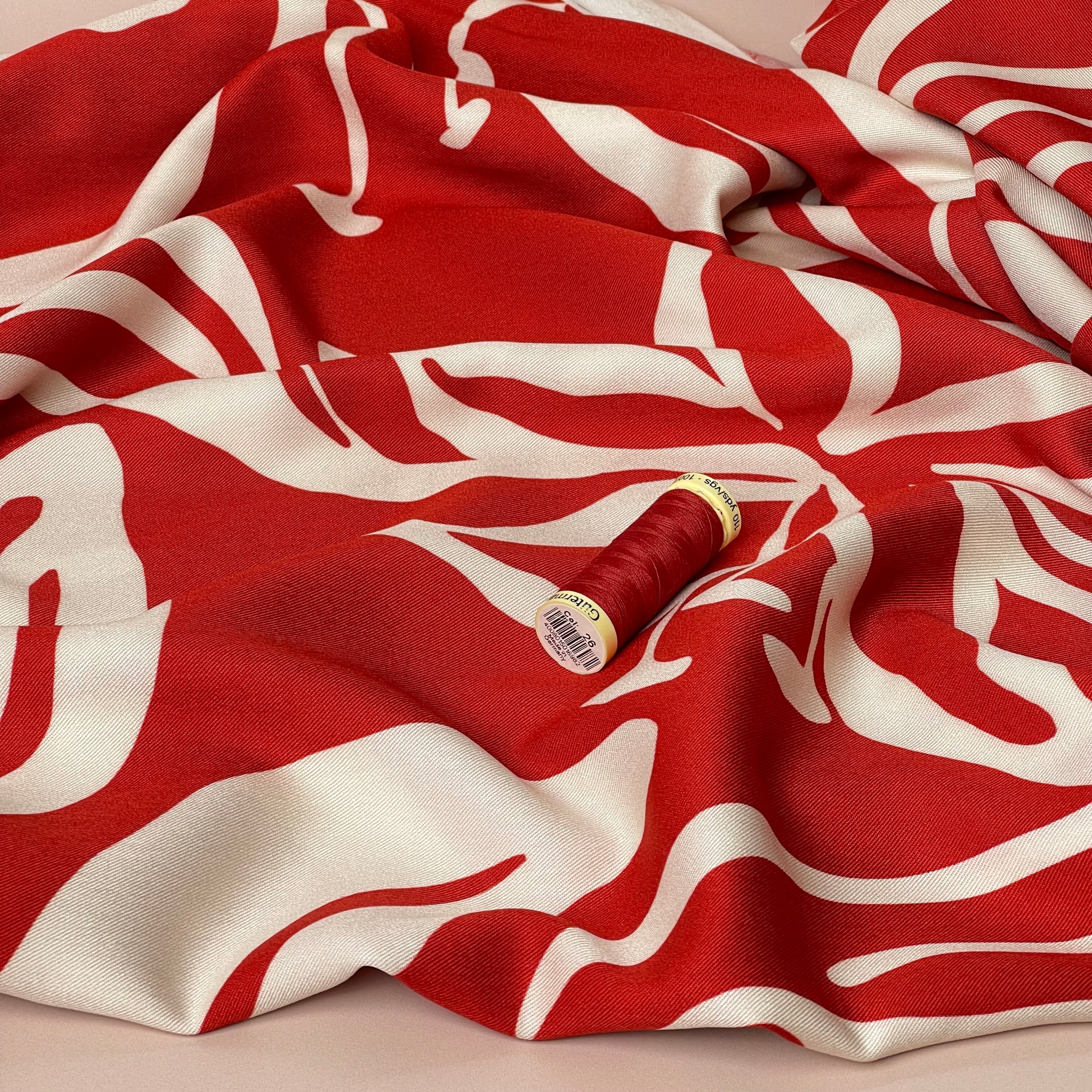 Light & Lush - Bold Leaves on Red Viscose Twill Fabric