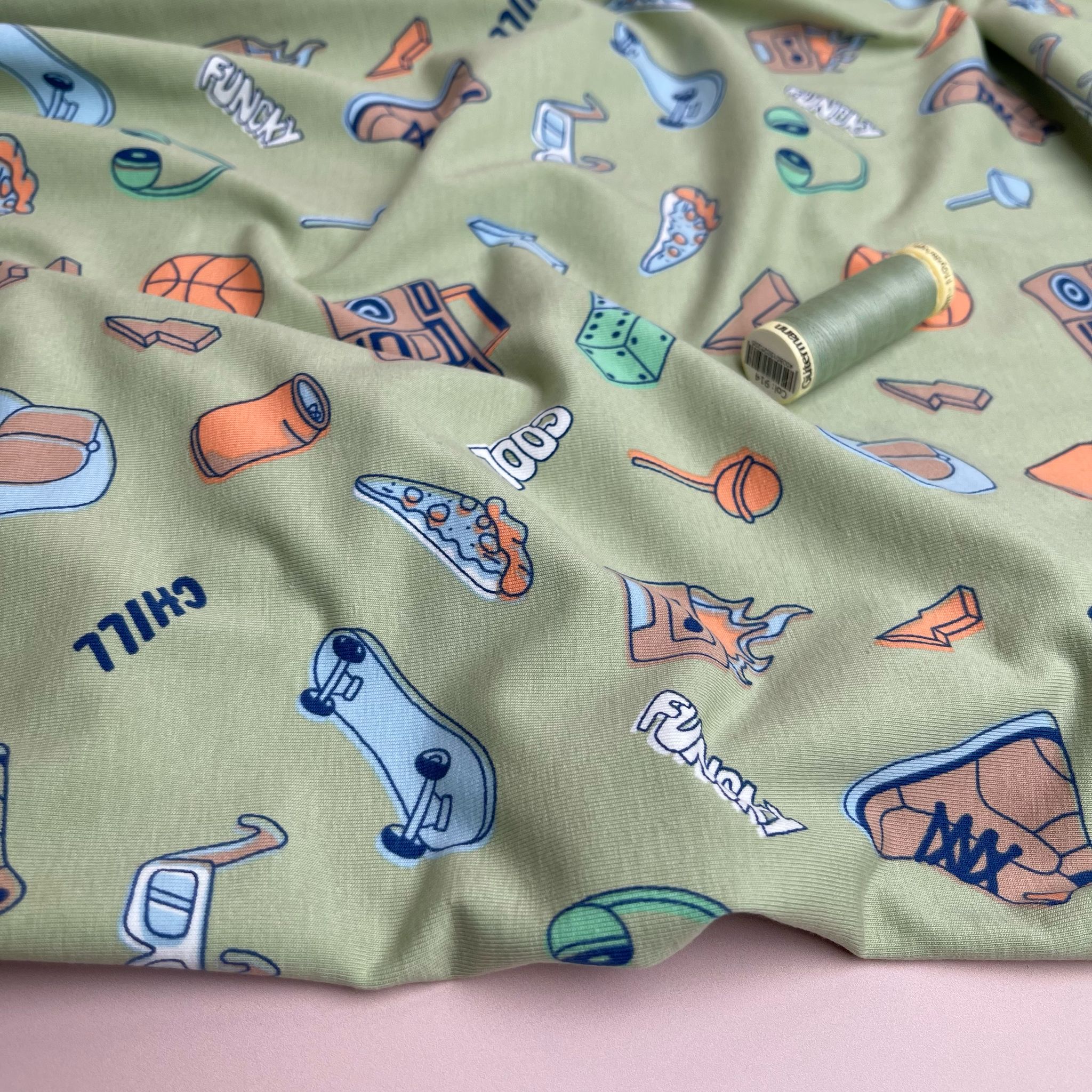 Cool Vibes on Lime Green Cotton Jersey Fabric