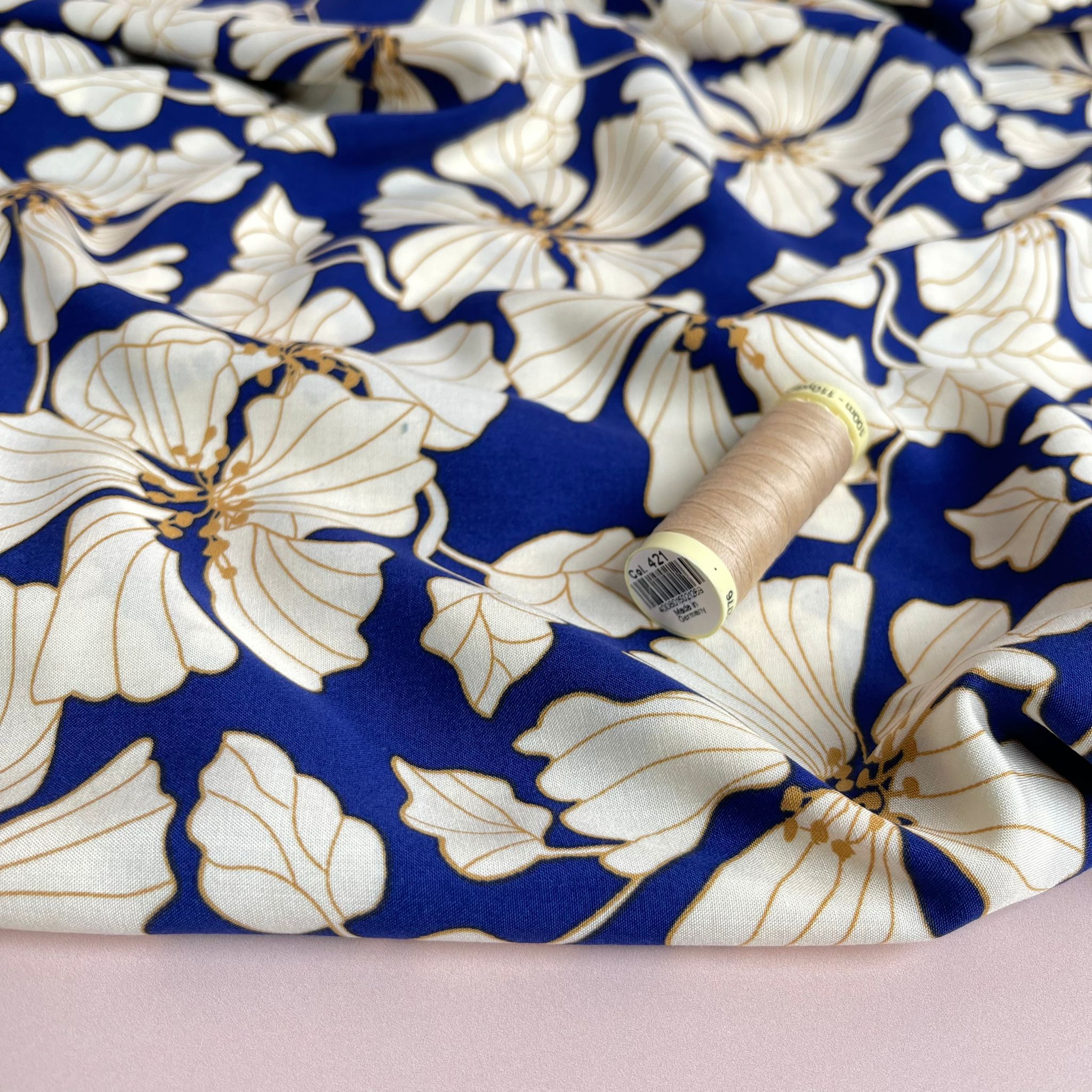 Golden Blooms on Cobalt Blue Viscose Fabric