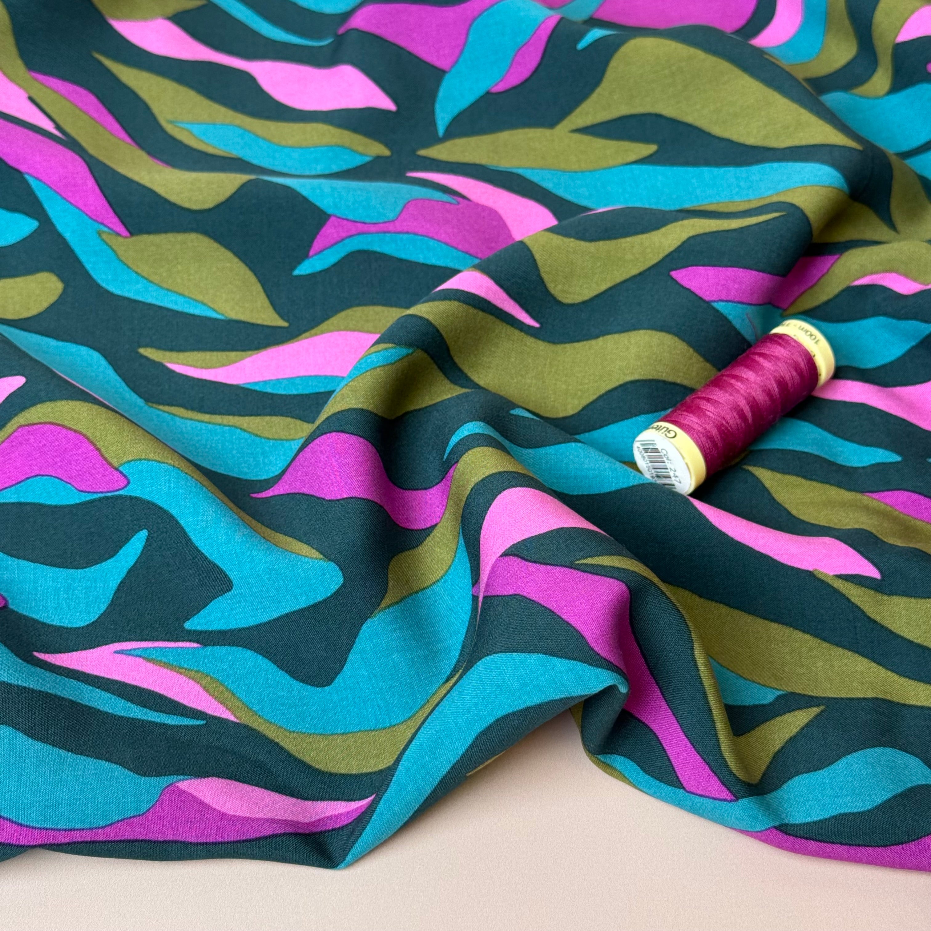 Abstract Waves Teal LENZING™ ECOVERO™ Viscose Fabric