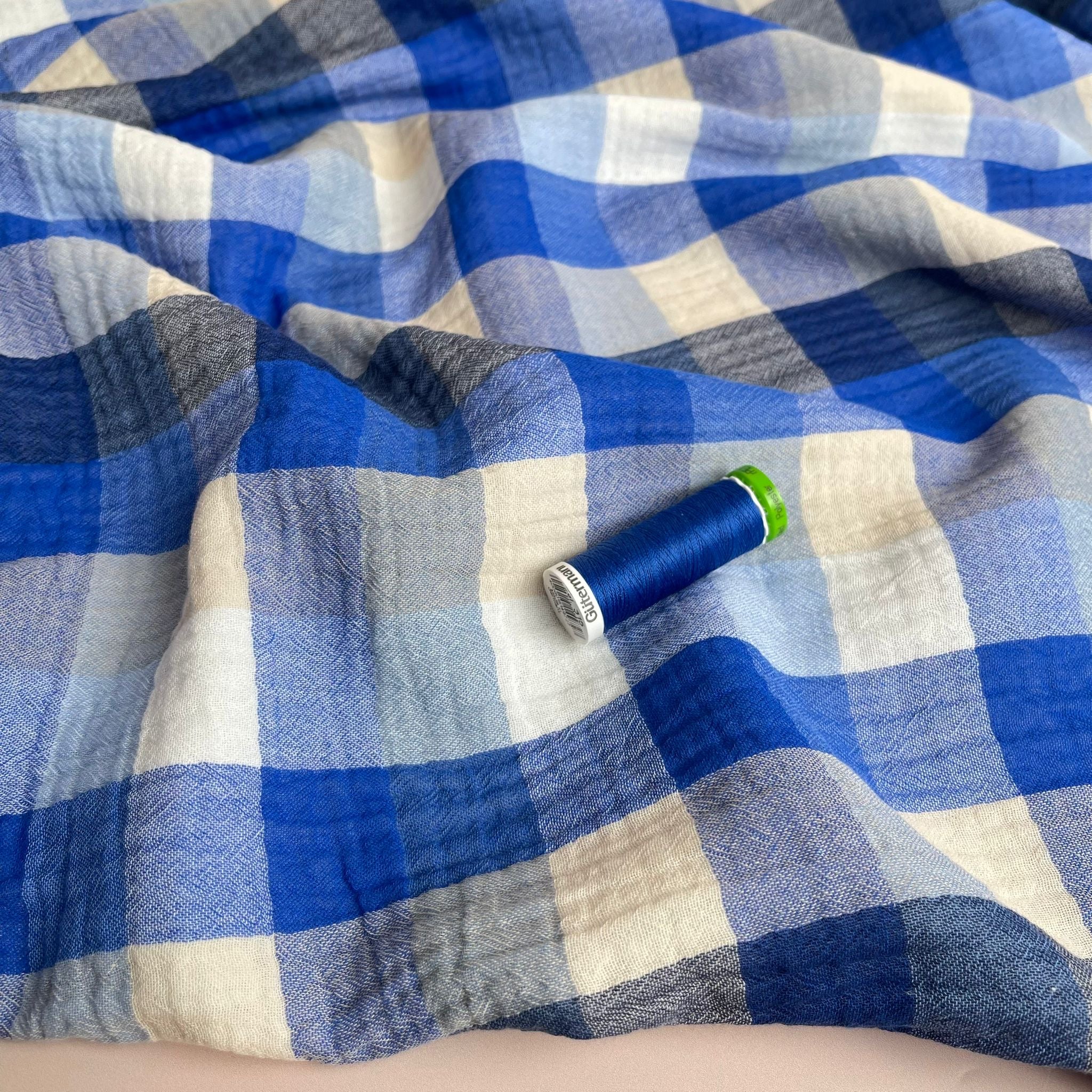Checked Cobalt Cotton Double Gauze