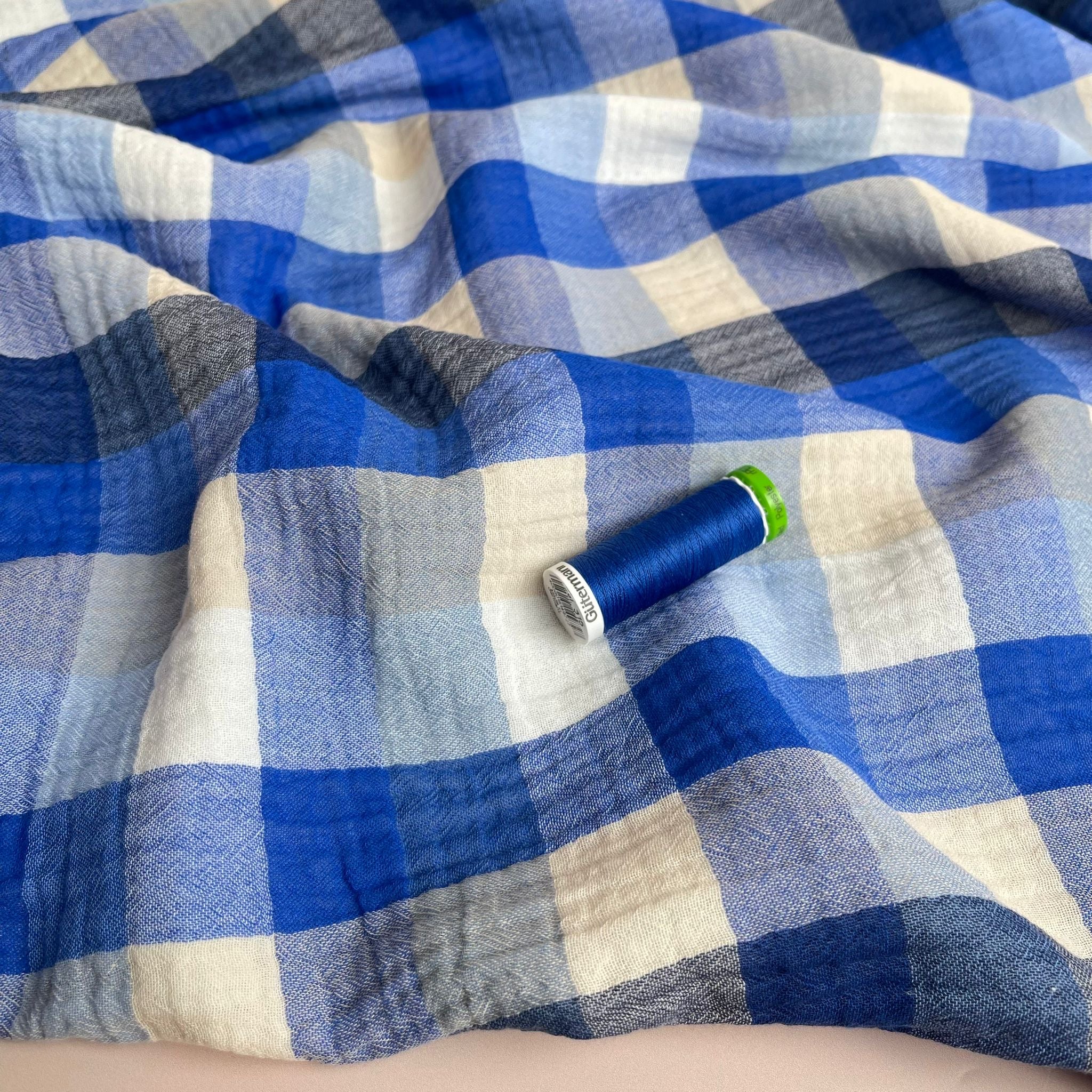 REMNANT 2.18 Metres - Checked Cobalt Cotton Double Gauze