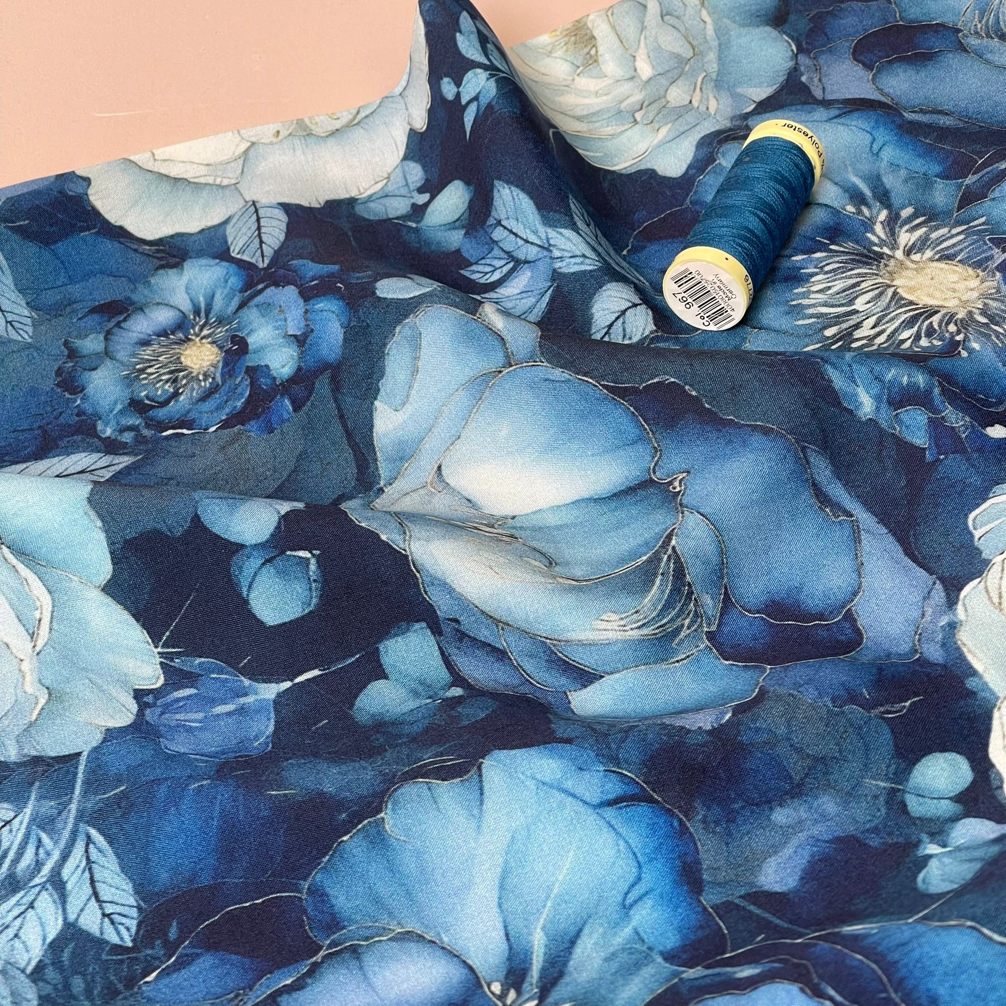 Peony Blooms on Blue Viscose Fabric