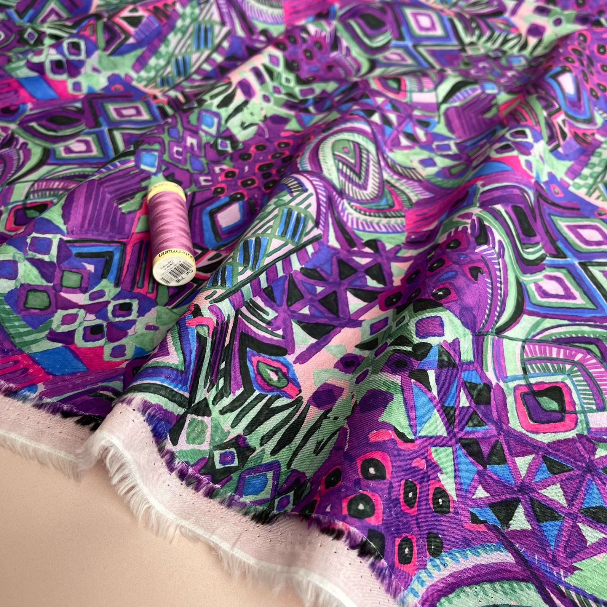 REMNANT 0.64 Metre - Painted Purple Aztec Cotton Voile Fabric