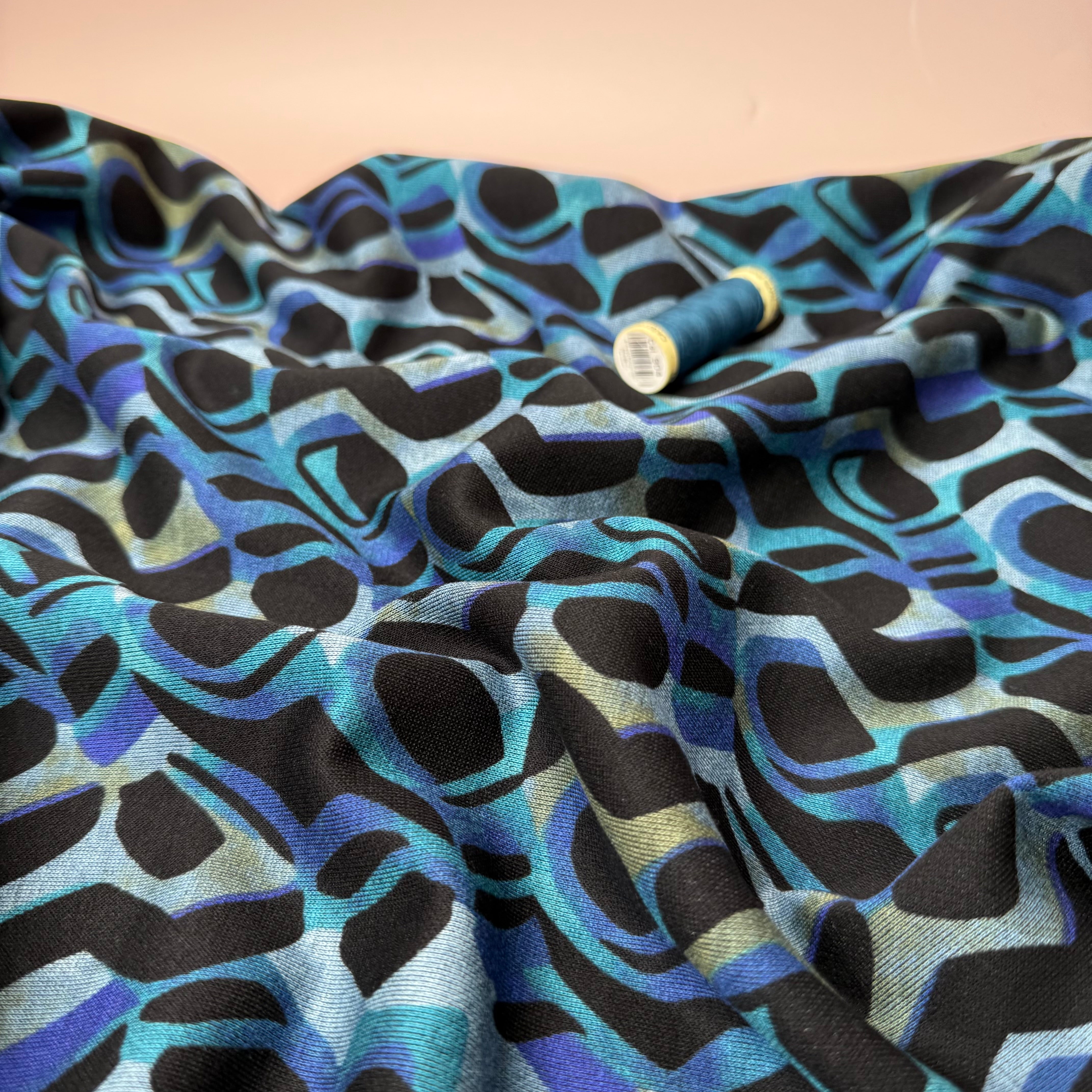Graphic Swirls in Petrol Soft Ponte Interlock Jersey Fabric