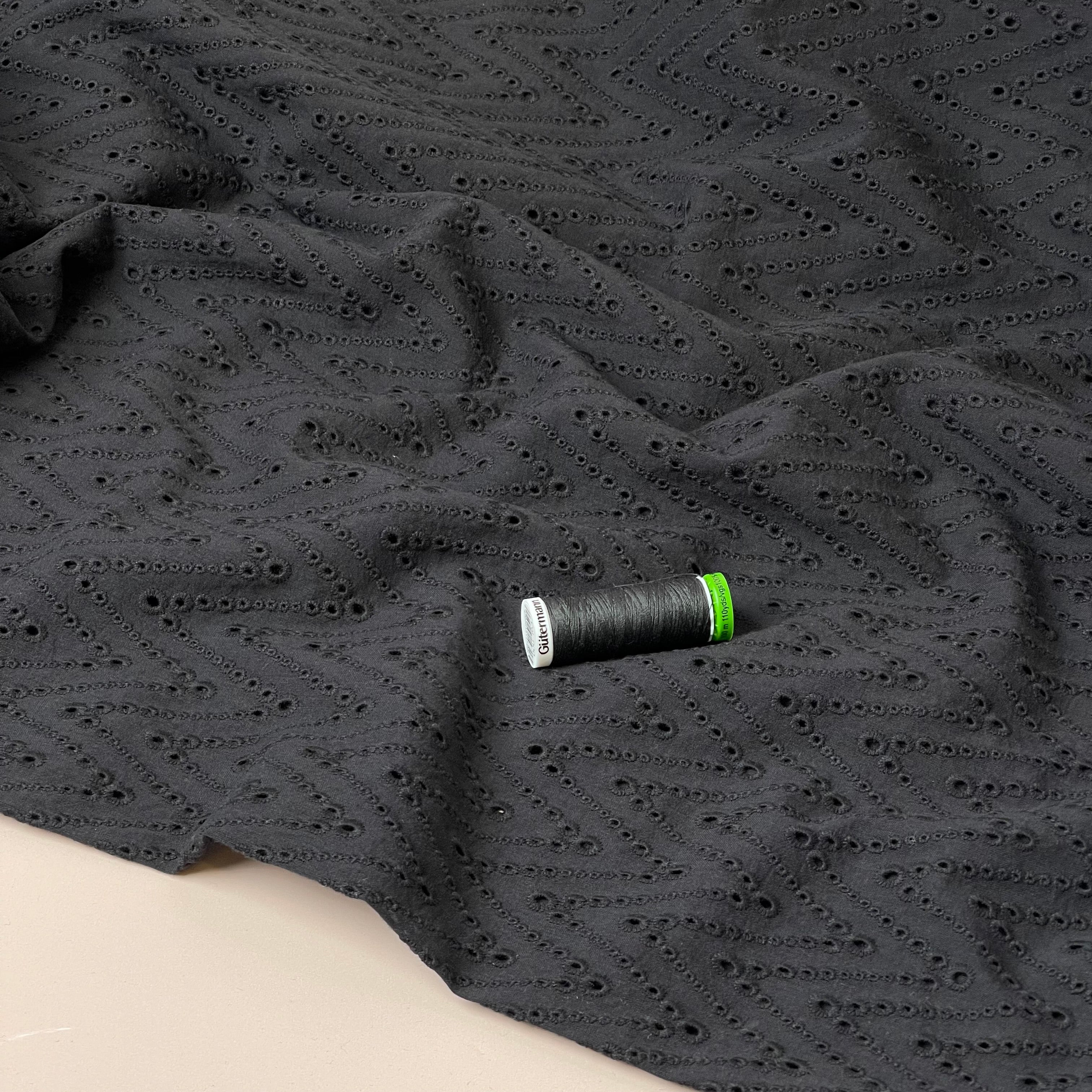 Embroidered Zig-Zags on Black Cotton Broderie Anglaise Fabric