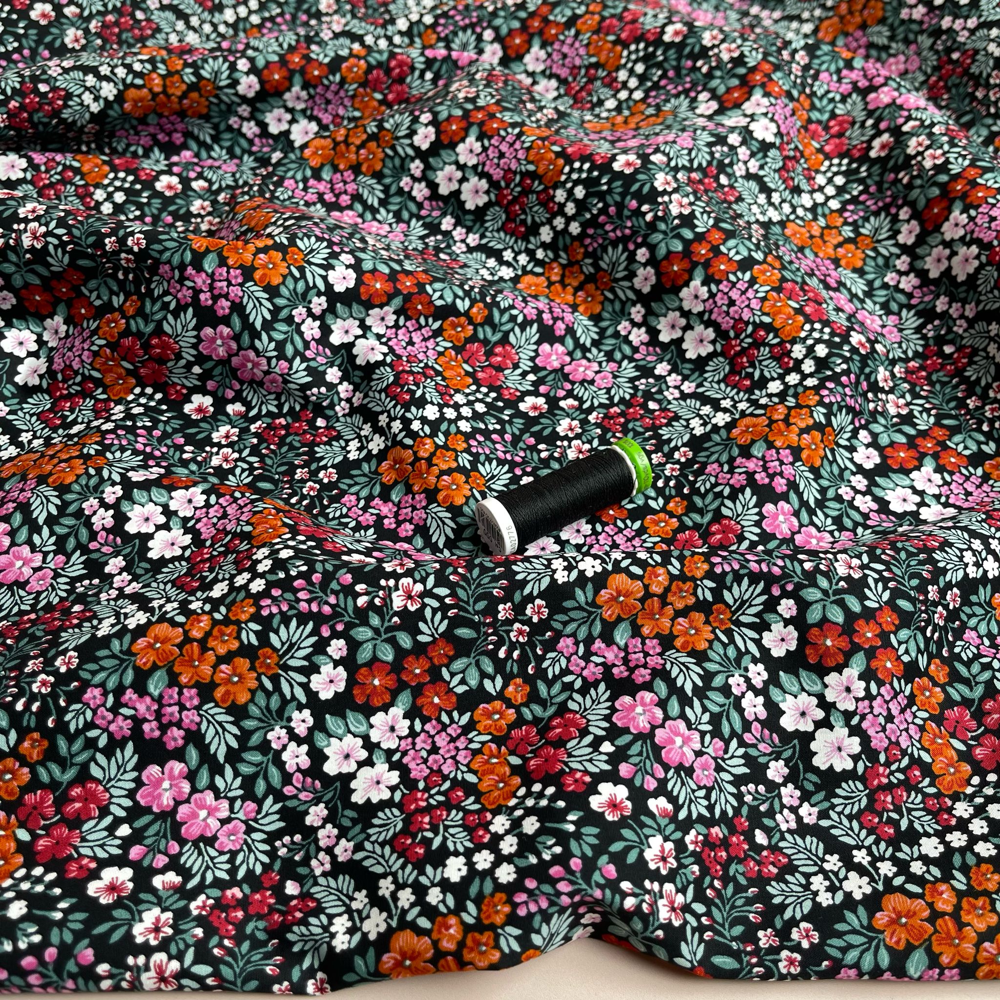 Ditsy Meadow on Black Cotton Poplin