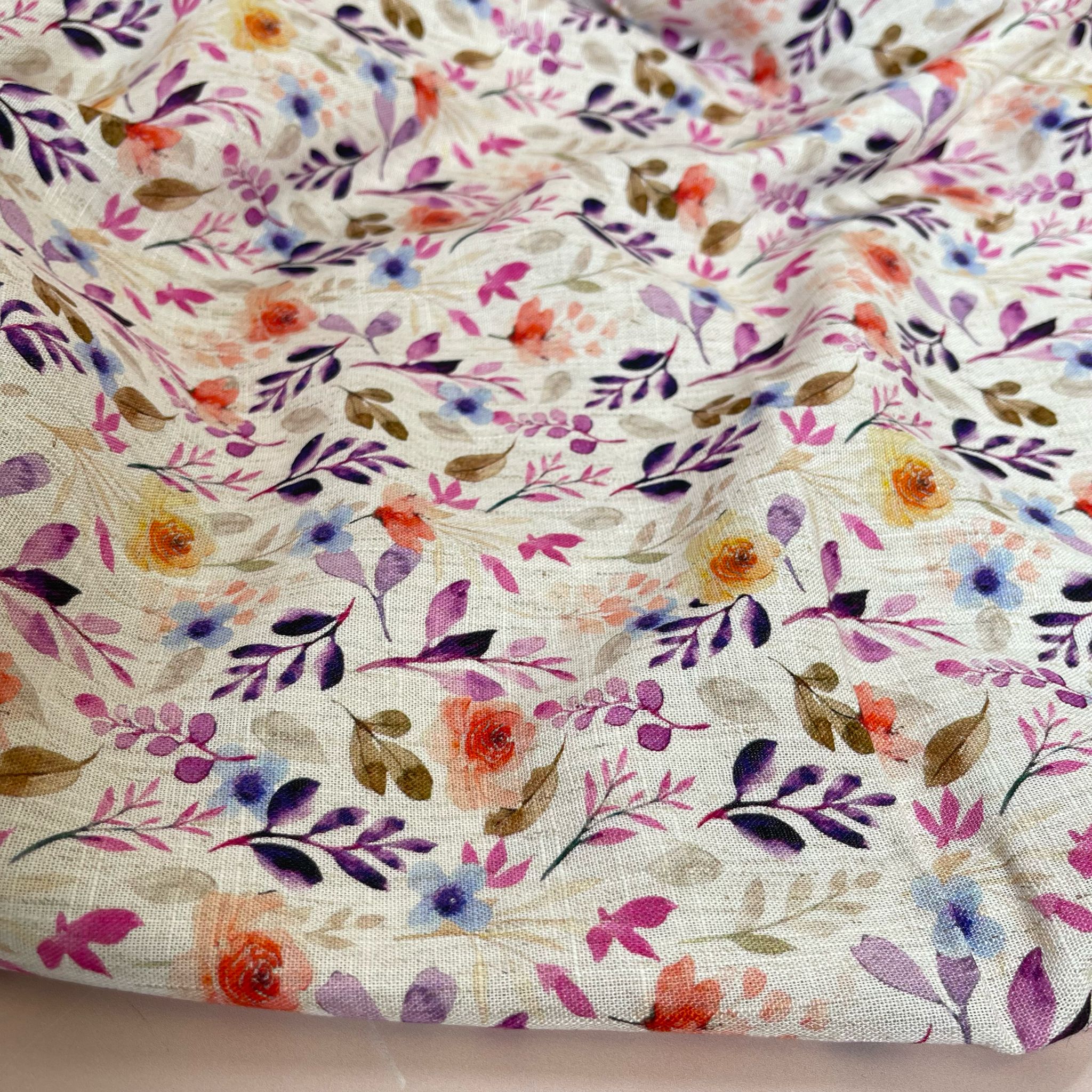 Purple Foliage on Ecru Viscose Linen Fabric