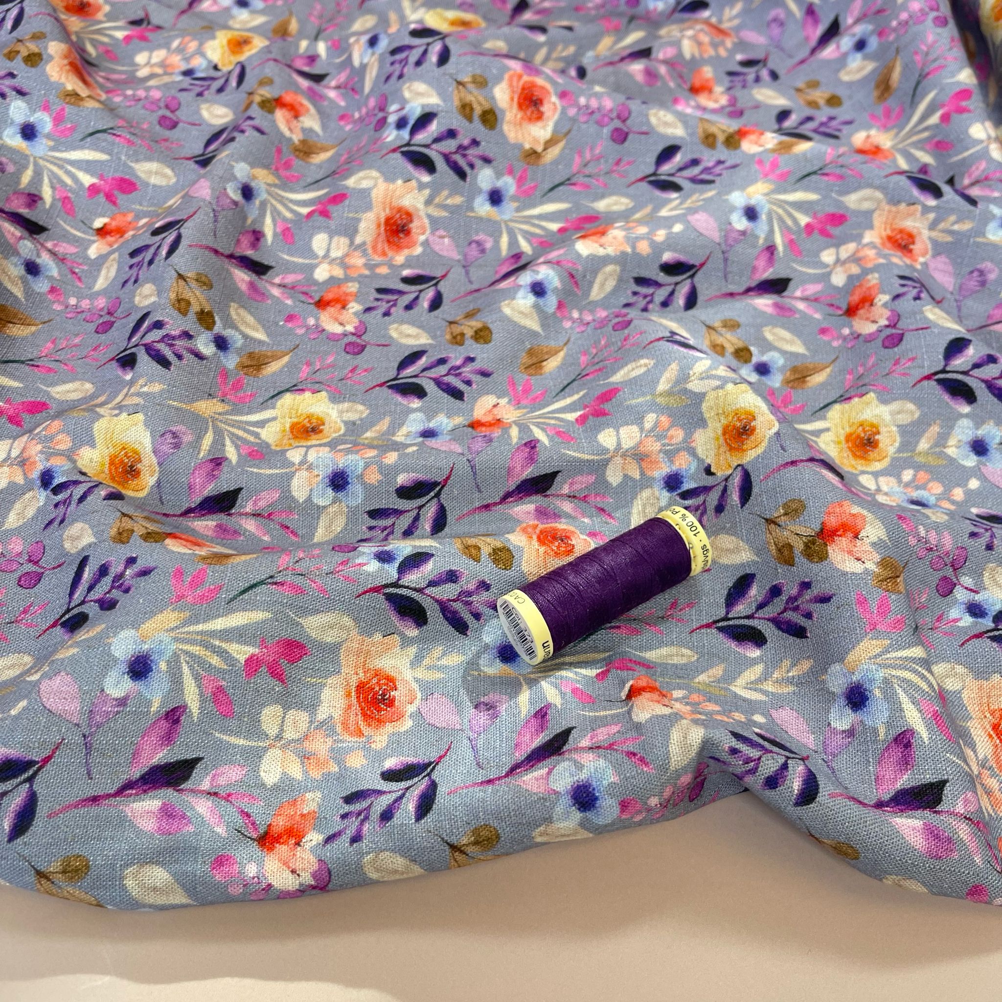 Purple Foliage on Lilac Viscose Linen Fabric