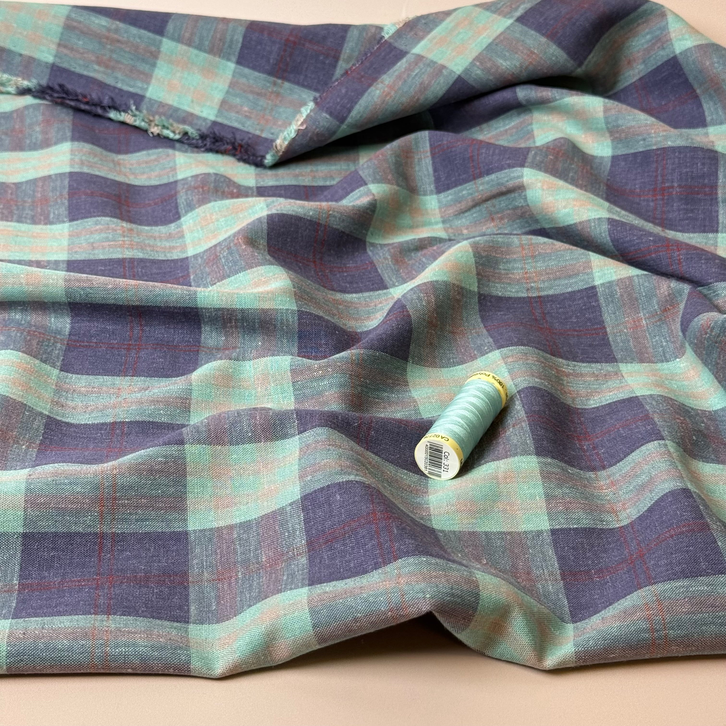 Yarn Dyed Mint and Purple Checks Linen Viscose Fabric