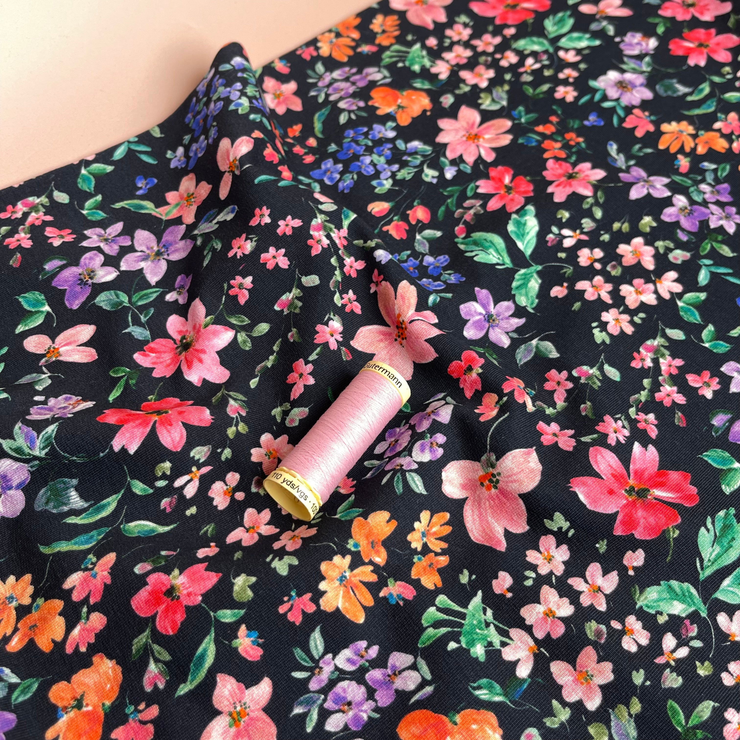 REMNANT 2.65 Metres - Small Flowers on Navy Cotton French Terry