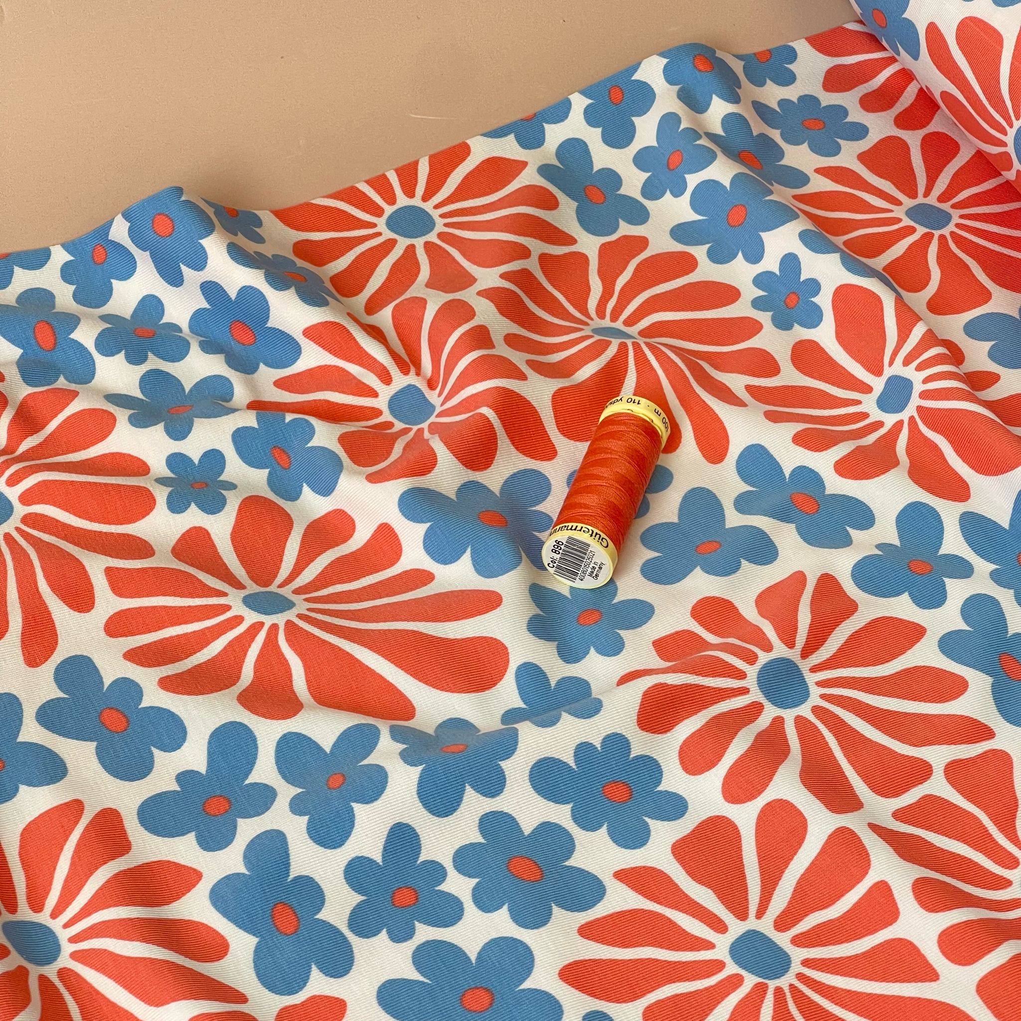 Retro Flowers in Blue and Orange Cotton Jersey Fabric
