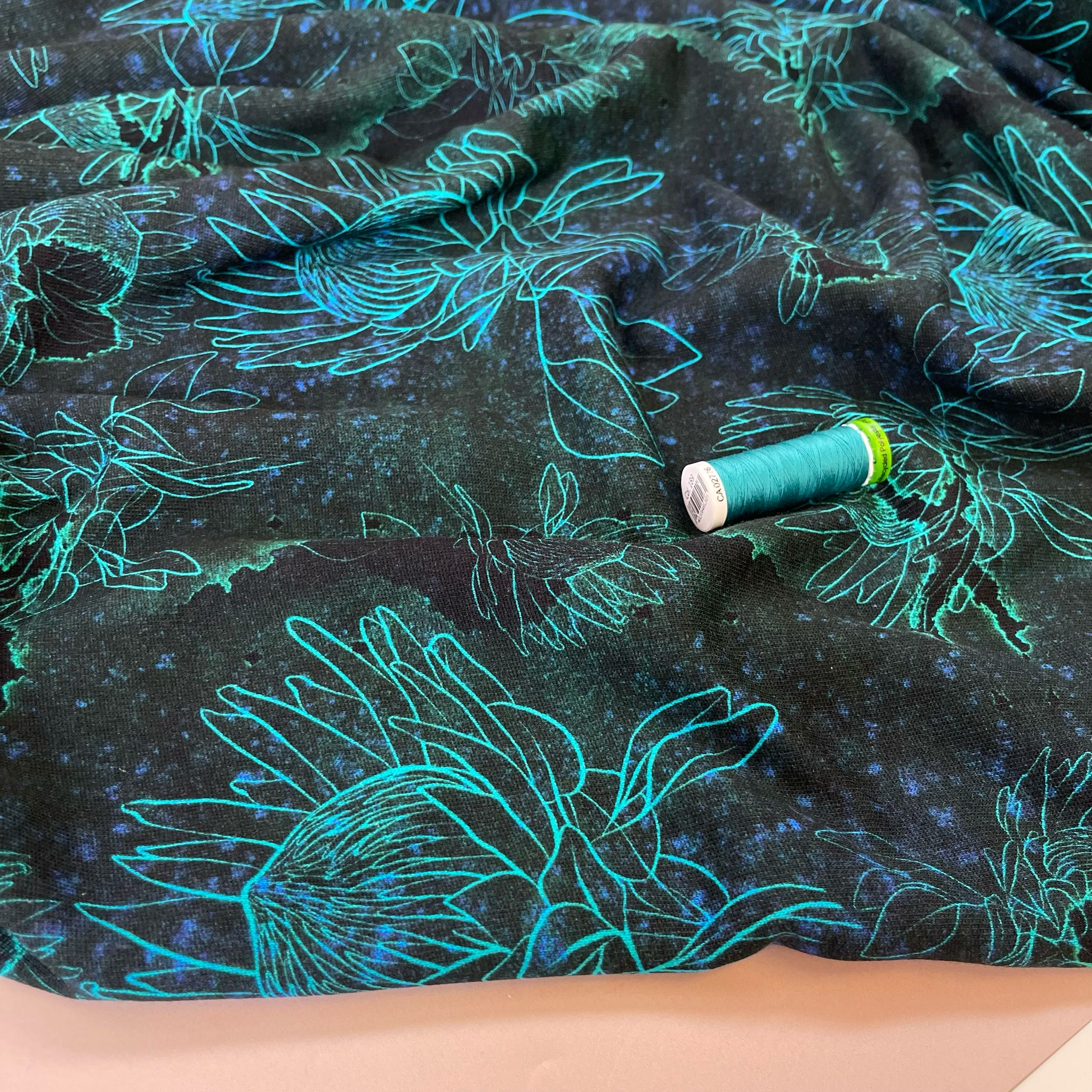 Turquoise Blooms on Black Pure Cotton French Terry