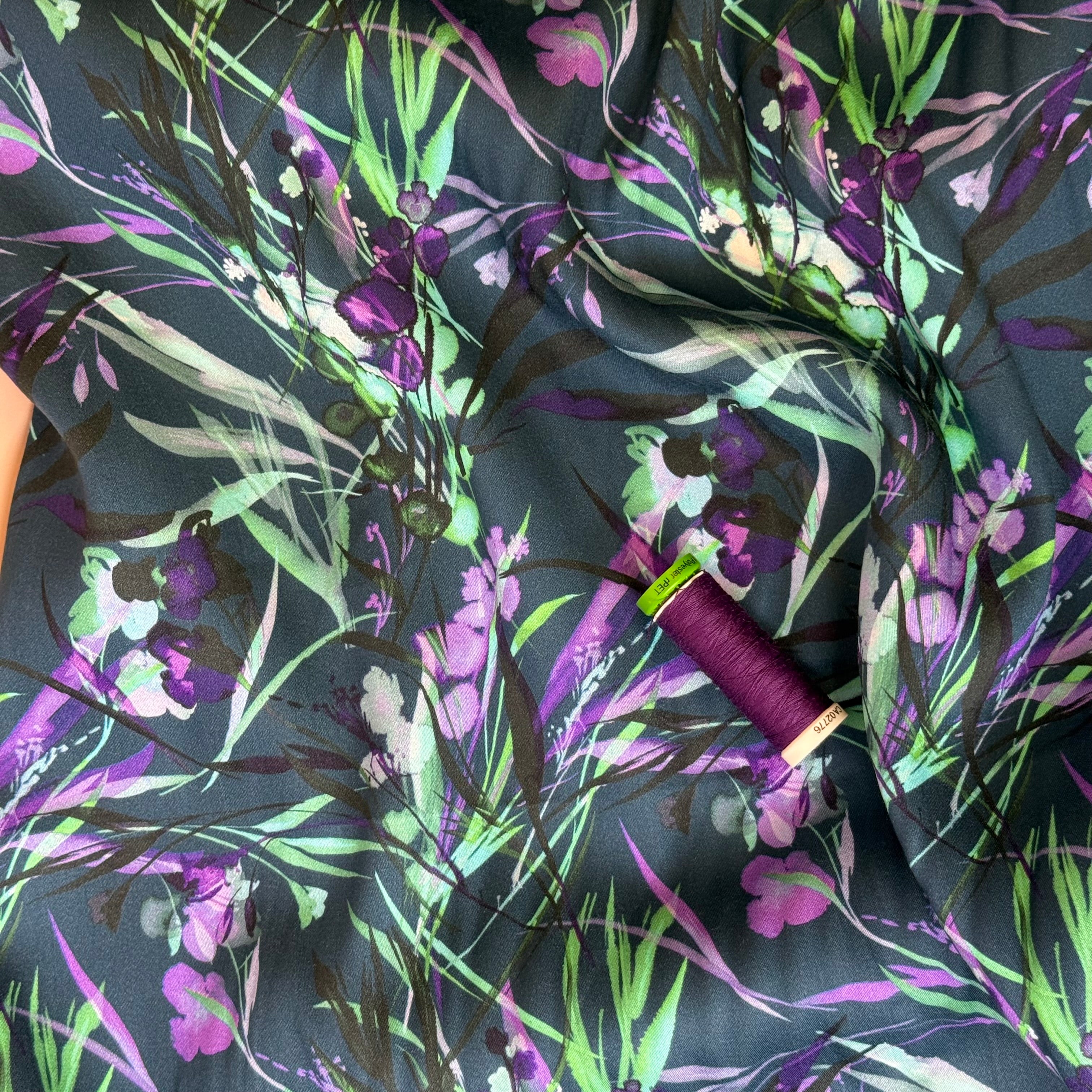 Autumn Foliage Petrol Blue Viscose Sateen Fabric