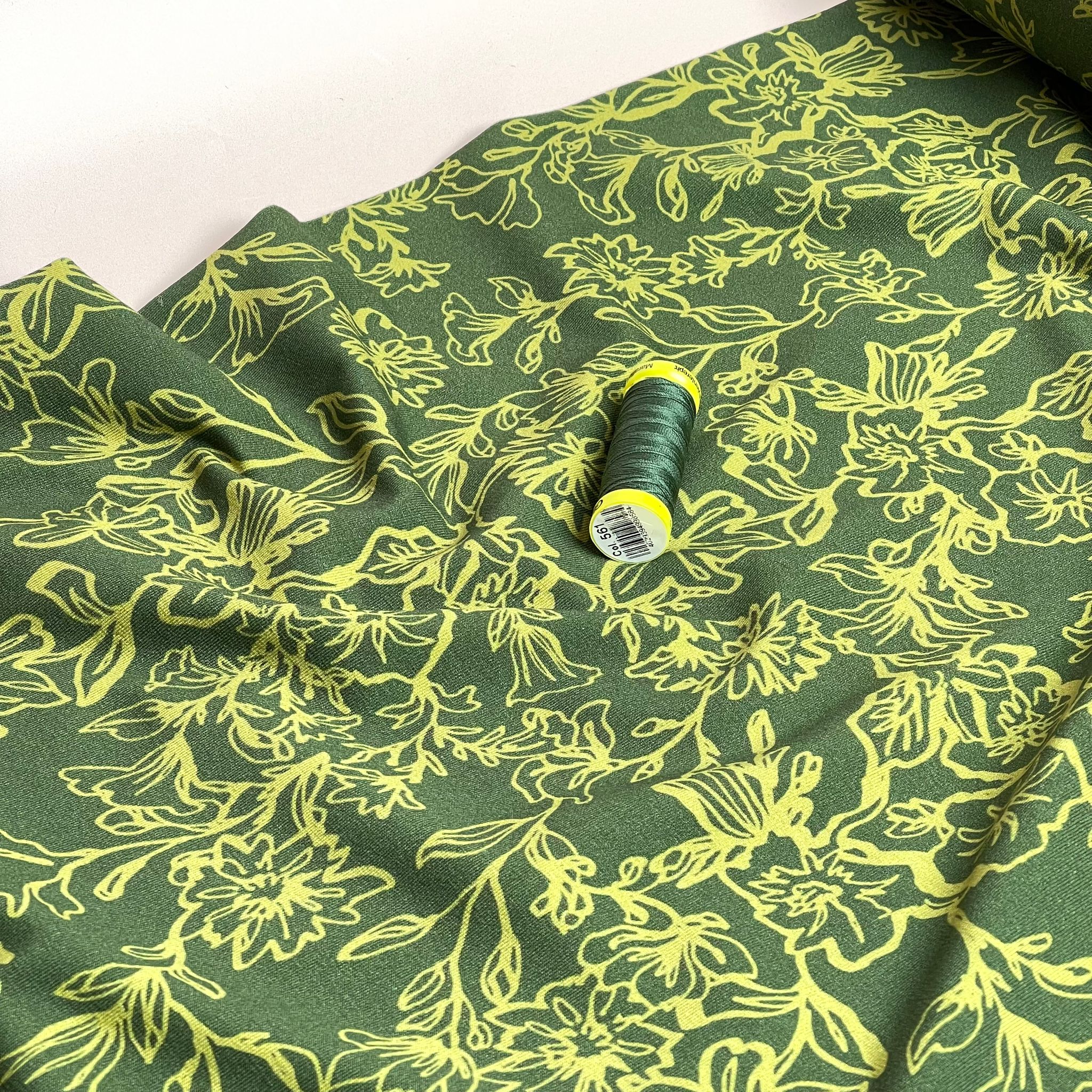 REMNANT 1.62 Metres - Danish Design - Lime Flowers on Green Cotton Jersey Fabric