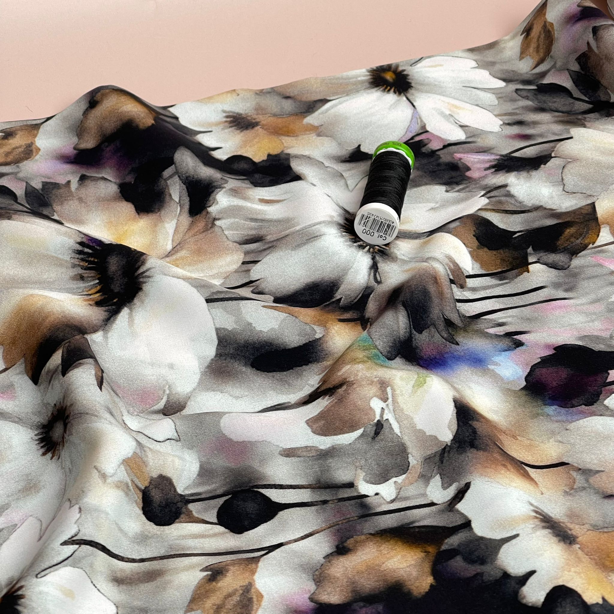 REMNANT 0.82 Metre - Neutral Flowers in Black and White Viscose Poplin Fabric