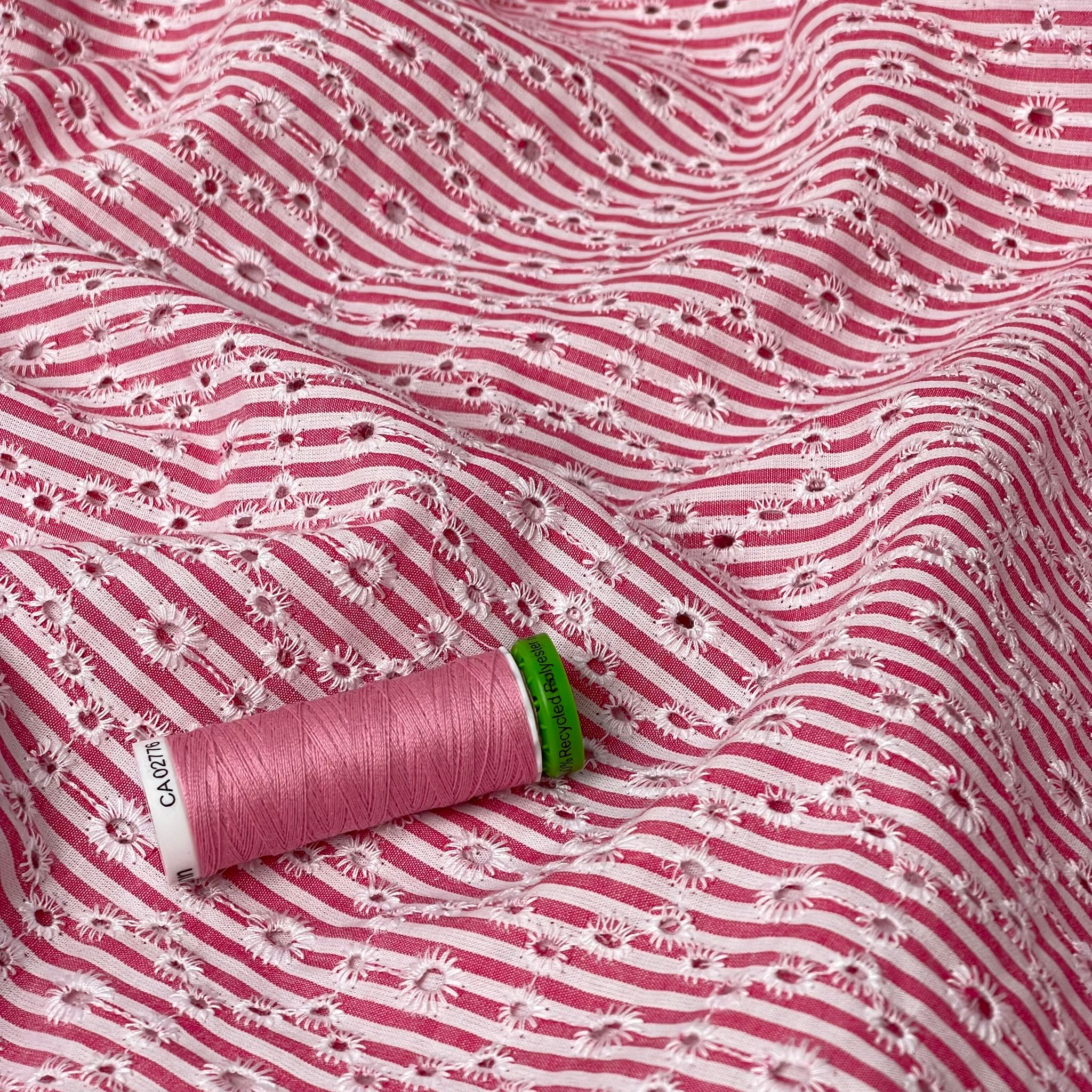 Candy Pink Striped Broderie Anglaise Cotton Fabric