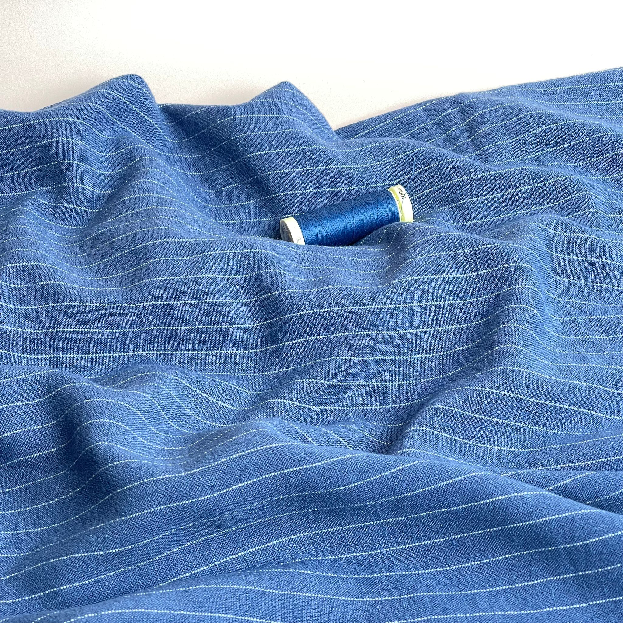 Denim Pinstripe Viscose Linen Noil Fabric